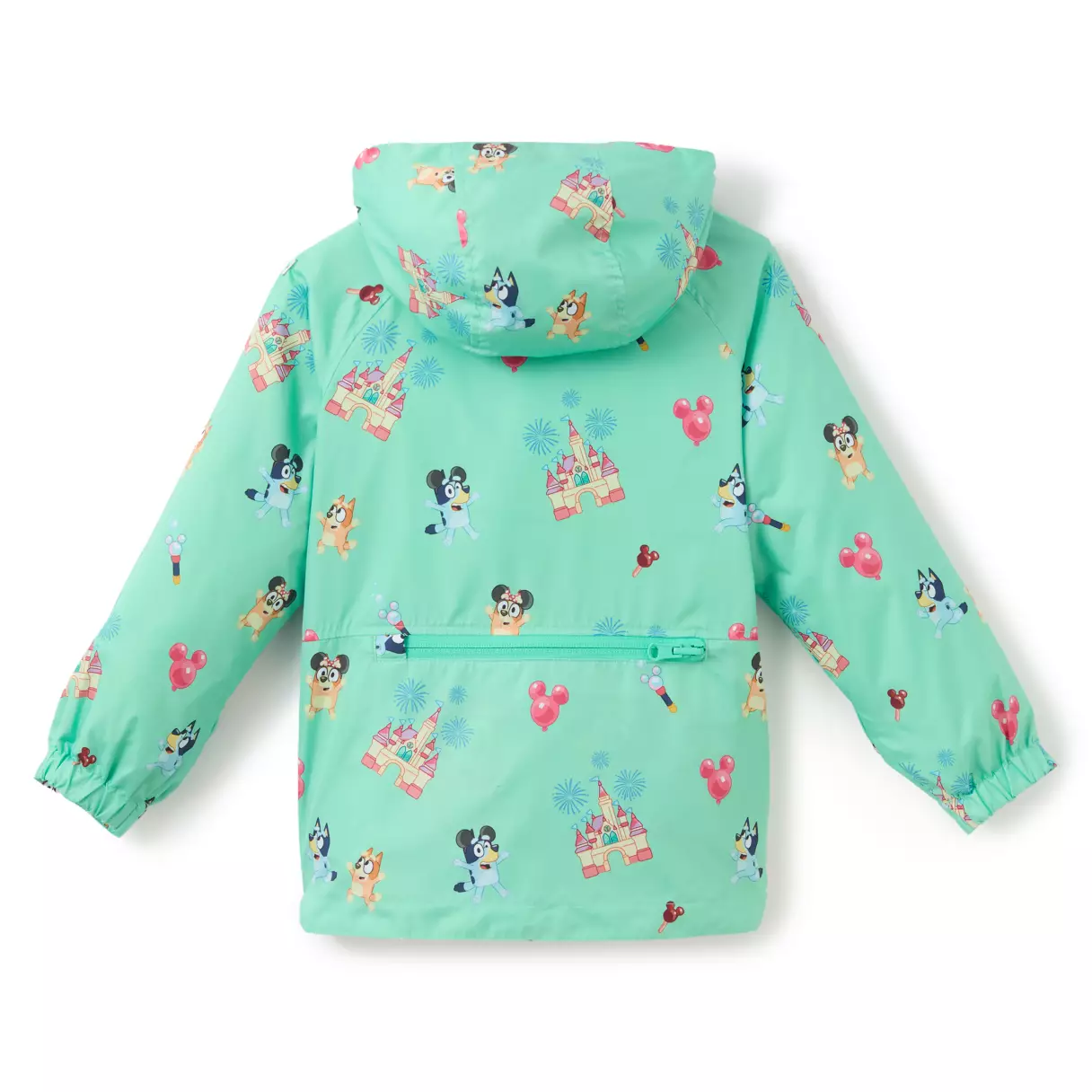 A teal, packable rain jacket, this item is patterned with Disney Parks iconography as well as images of Bingo and Bluey enjoying a day at the park. Both sisters can be seen in different poses, including wearing Mickey Mouse ears. We also see Fantasyland Castles and Mickey balloons.