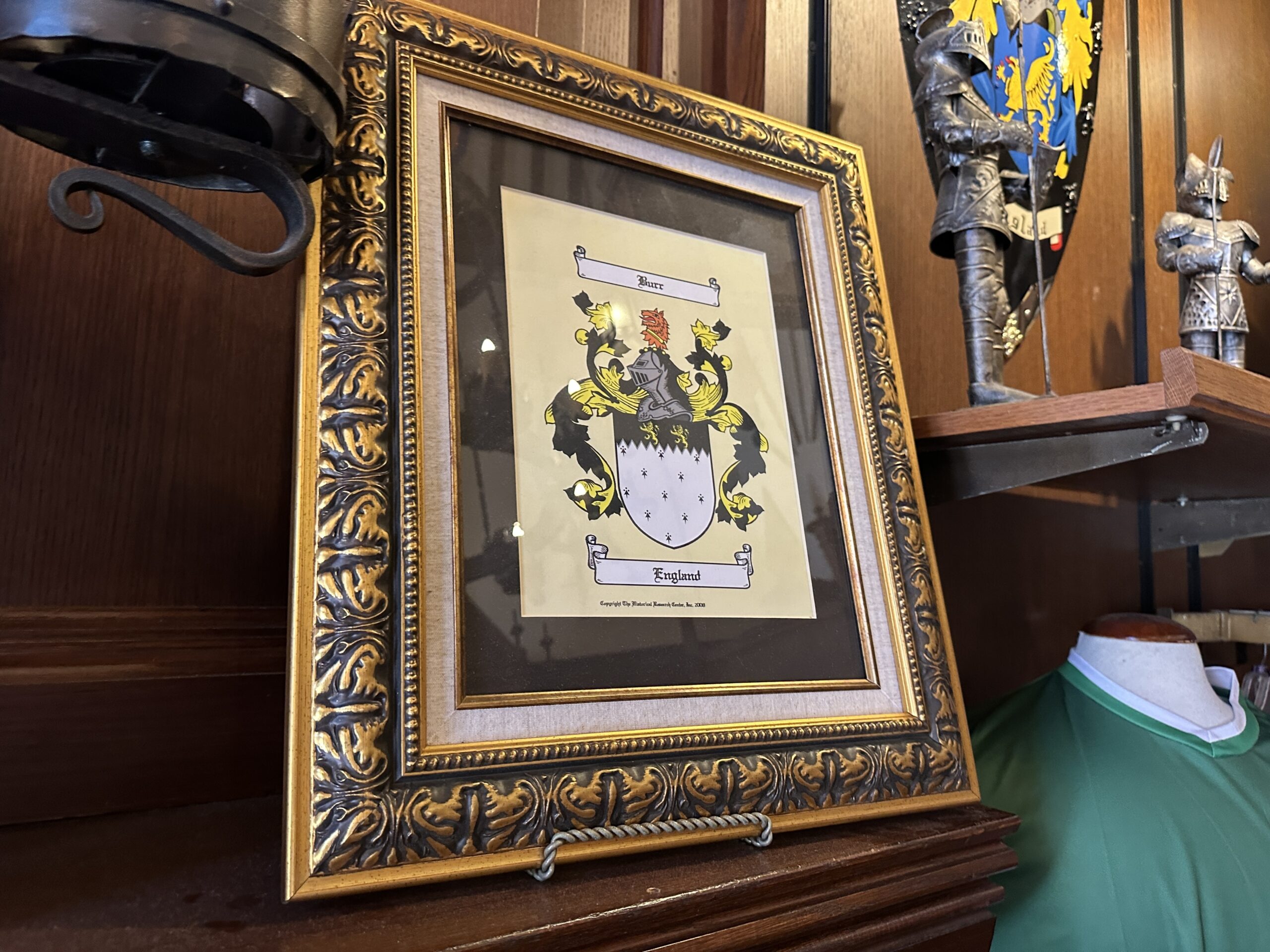 The Burr family crest from England is also displayed. A reference to Aaron Burr, the third Vice President under President Thomas Jefferson. Burr is also canonized in the musical Hamilton as Hamilton's arch-rival and the man who eventually kills him.