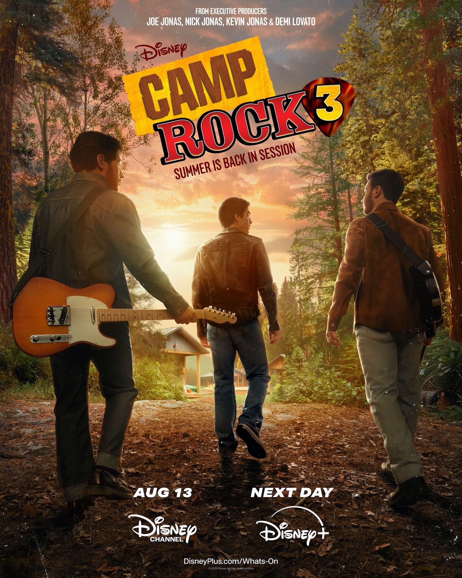 Movie poster for Camp Rock 3, which premieres August 13 on Disney Channel (8:00 p.m. EDT/PDT) and next day on Disney+.
