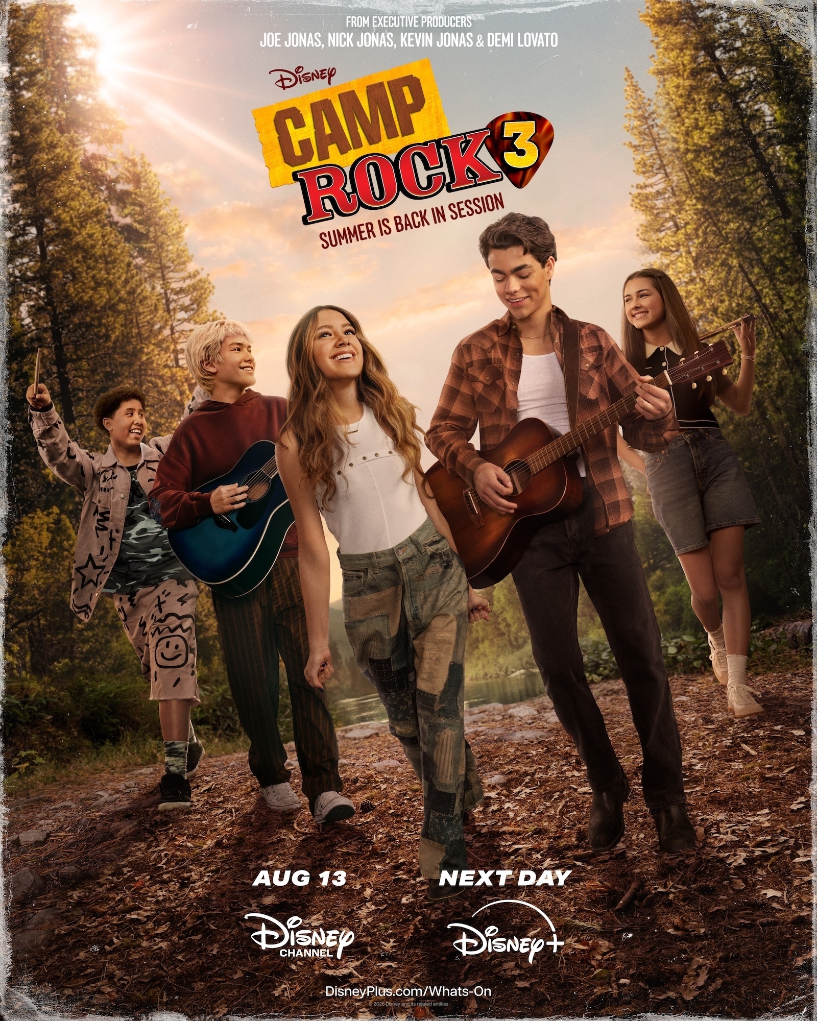 Movie poster for Camp Rock 3, which premieres August 13 on Disney Channel (8:00 p.m. EDT/PDT) and next day on Disney+.