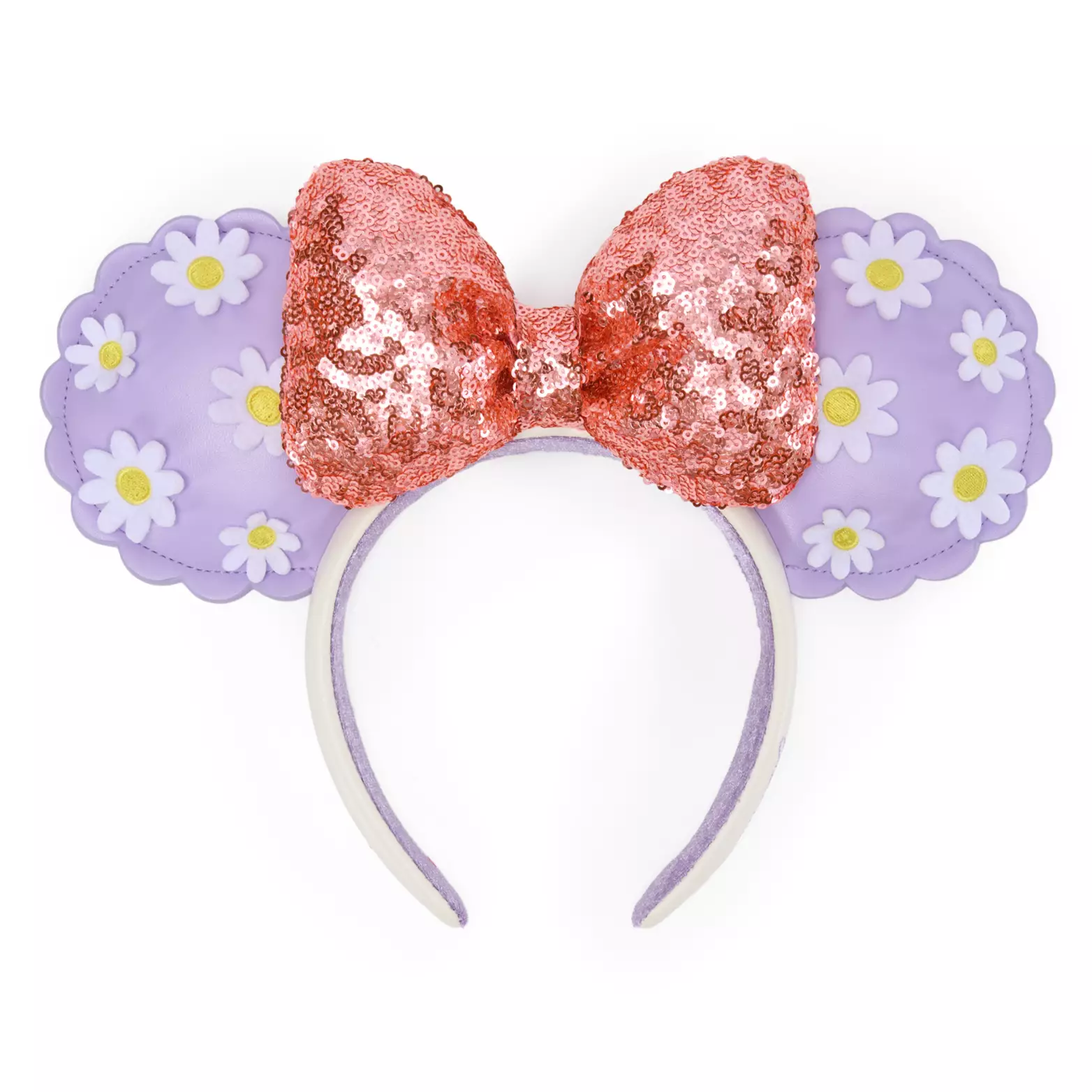 The ears are light purple with 3D felt daisy flower appliqués. In the center is a puffy bow covered in pink sequins. The backs of the ears are blank. They have scalloped edges. The headband’s exterior is white, and the interior is purple.