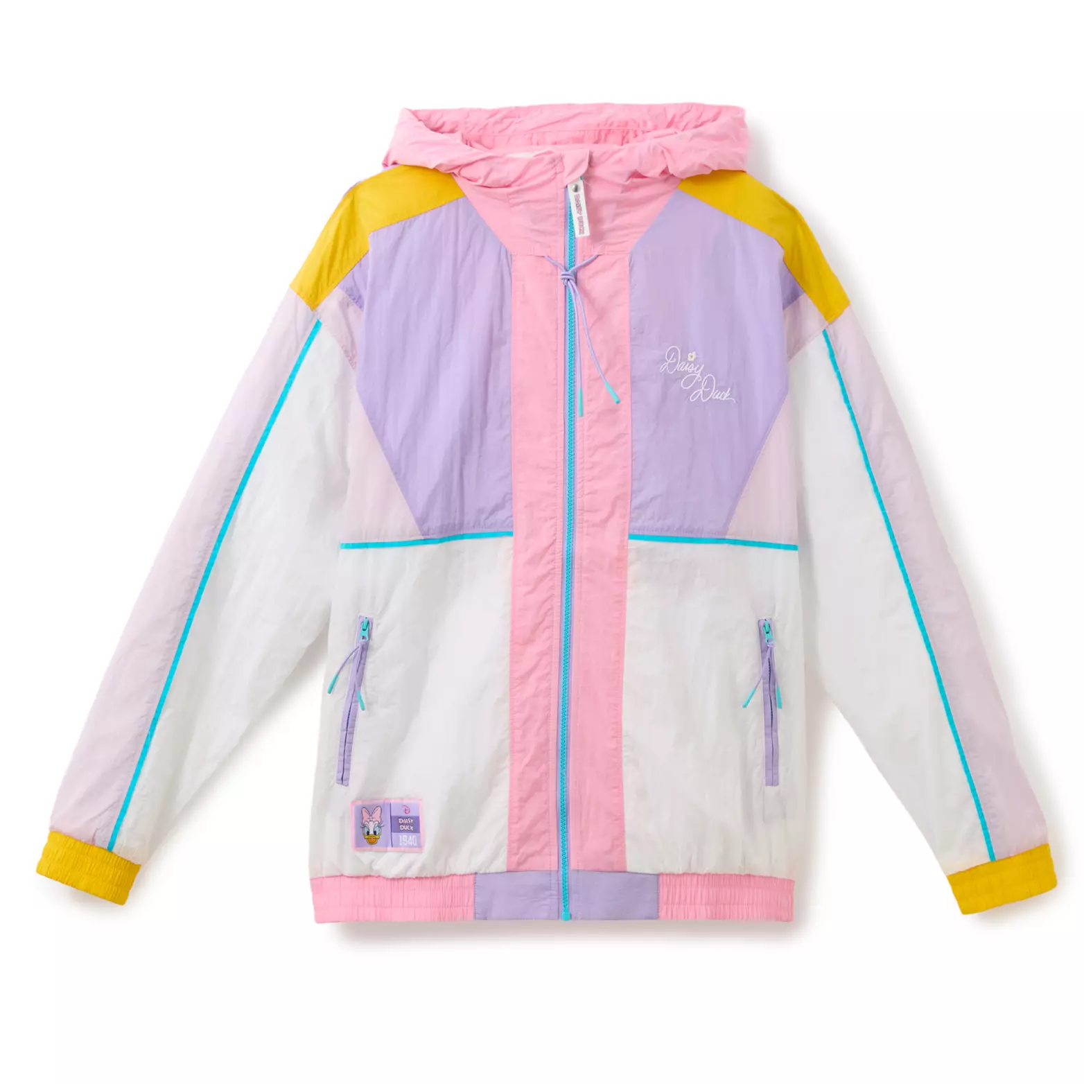 The windbreaker is a zip-up jacket with a color-block design. The chest is mainly purple with lighter purple on the sides and sleeves. The bottom half is white. Pink lines the zipper, and yellow touches are on the cuffs and shoulders.