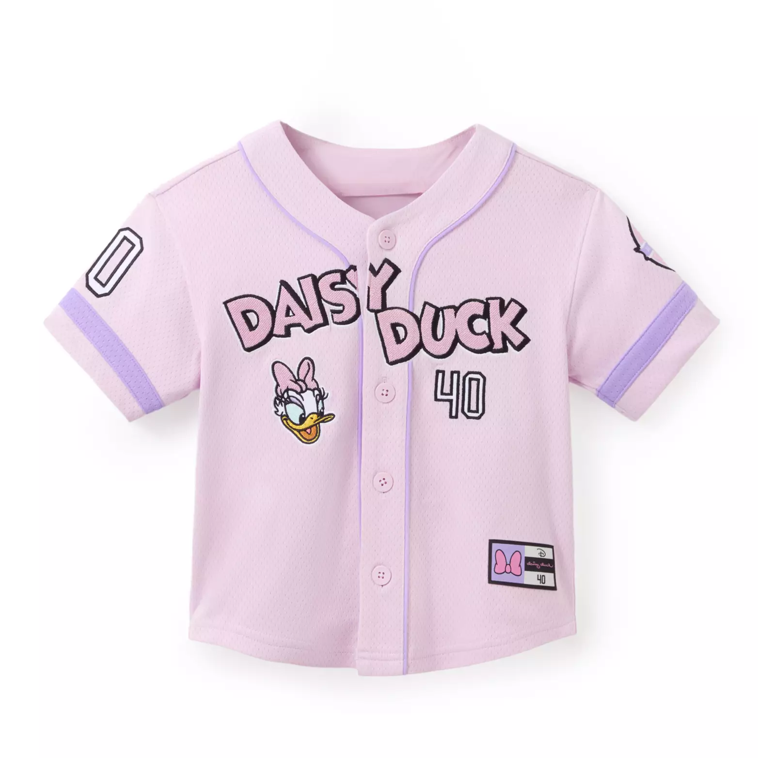 The Daisy Duck-inspired jersey is pale pink with purple trim. “Daisy Duck” is in darker pink lettering across the chest and "40" is in white beneath it, representing 1940 when she was created. A Daisy face applique is on the righthand side.