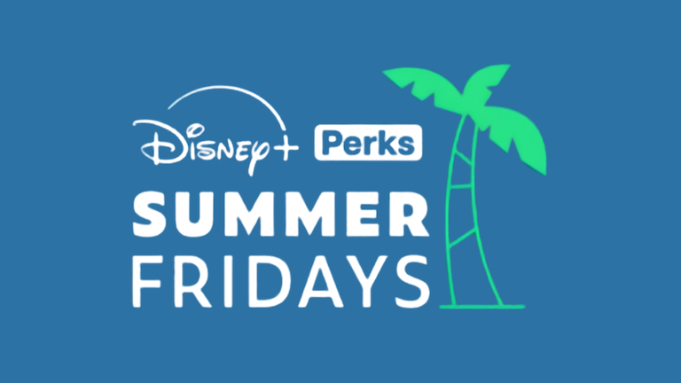 Disney+ Perks Summer Fridays logo on a blue background with a green palm tree.