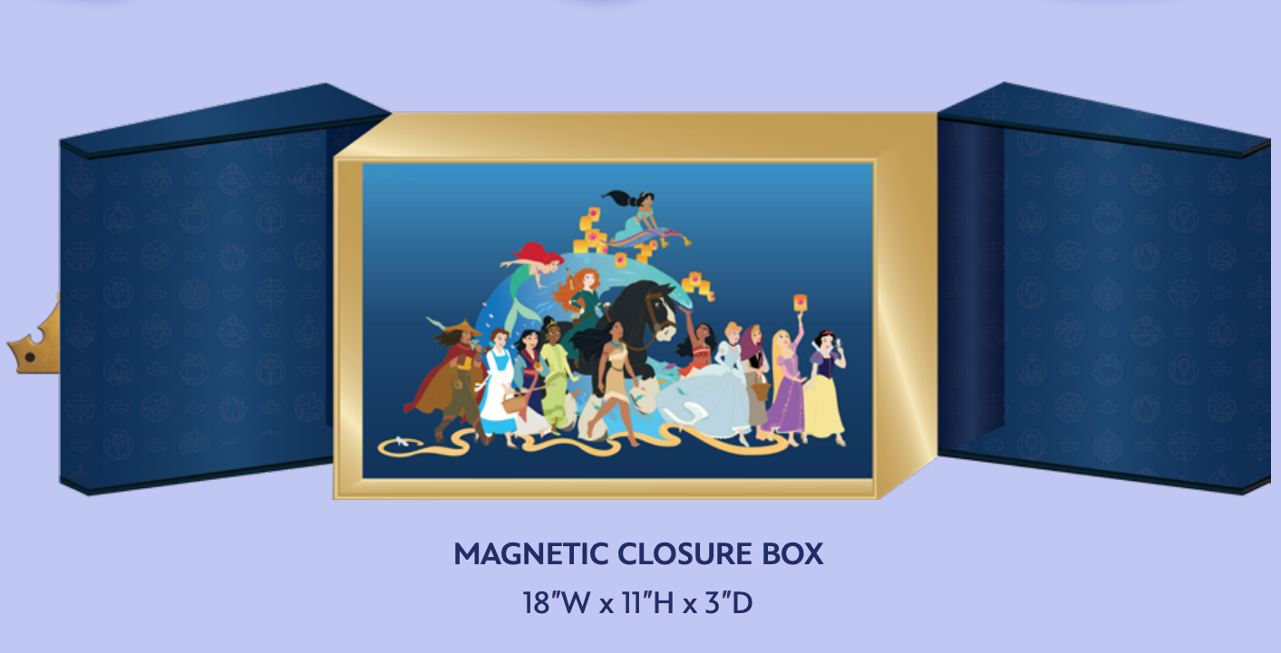 This $1200 ultra jumbo pin celebrates World Princess Week and features 13 princesses. You can see all of them above, and it includes: Raya, Belle, Mulan, Ariel, Tiana, Merida, Pocahontas, Moana, Cinderella, Aurora, Rapunzel, and Snow White.
