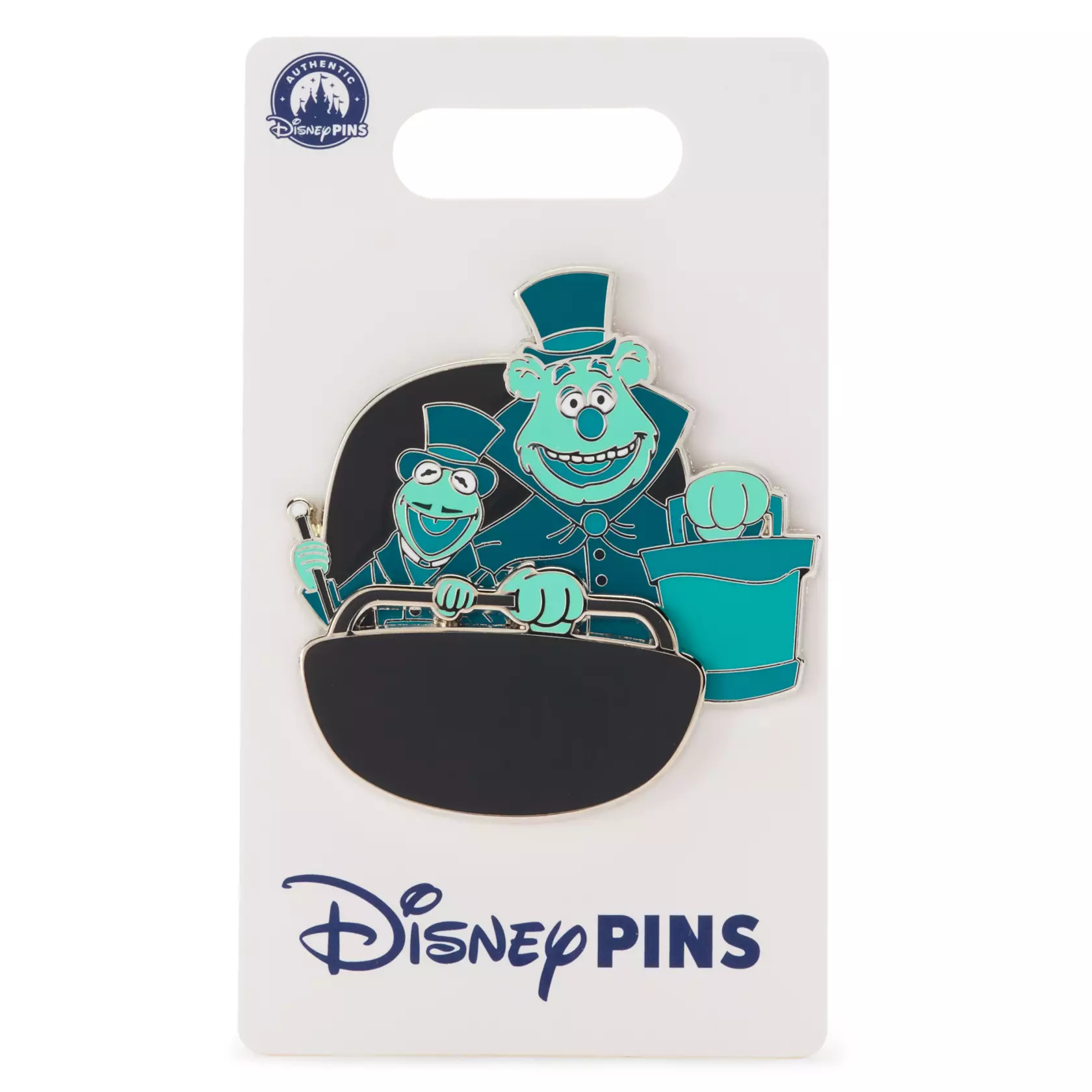 Kermit and Fozzie are pictured on this enamel pin in shades of blue and green as ghosts of The Haunted Mansion riding a Doom Buggy. This pin was released at Disney Parks last year.