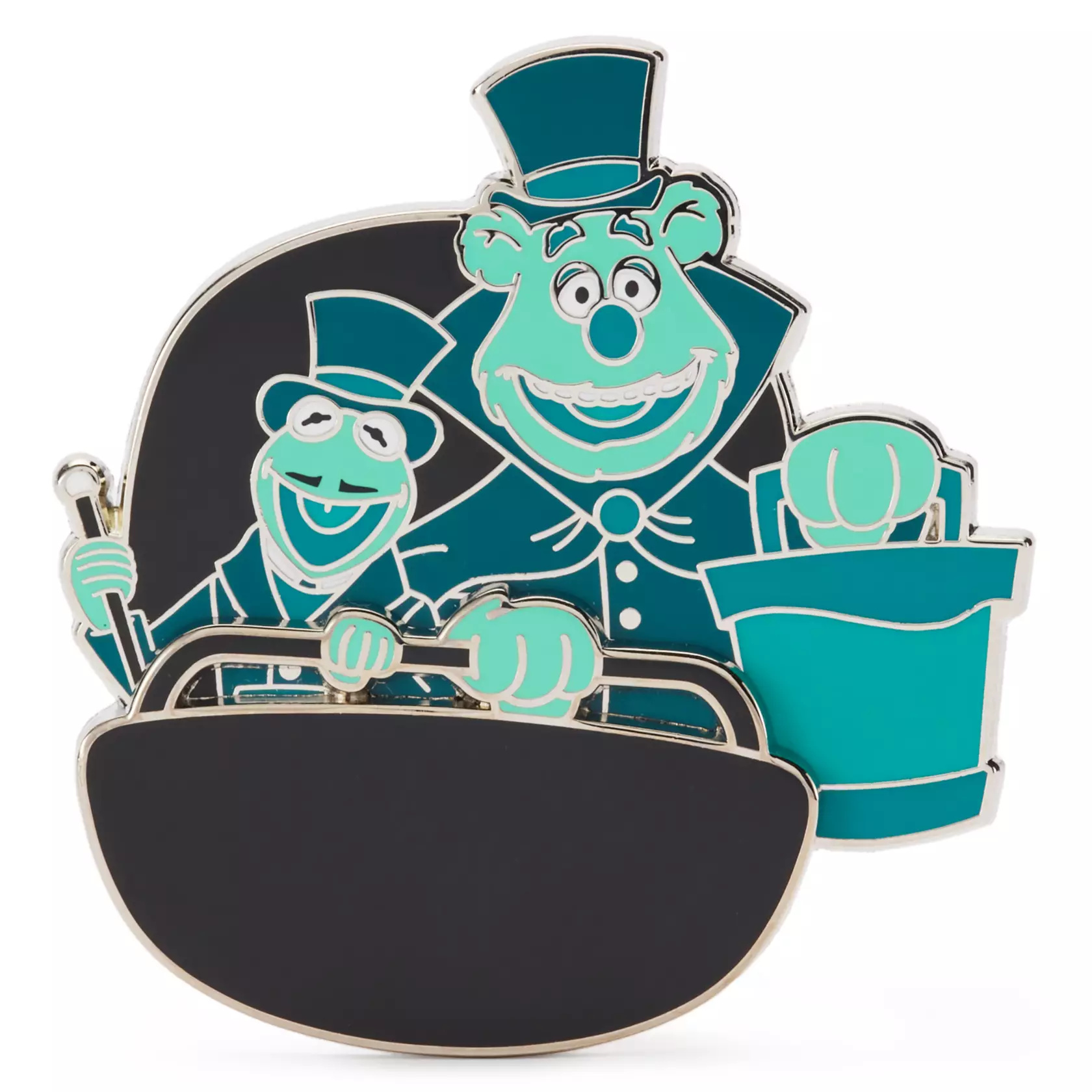 Kermit and Fozzie are pictured on this enamel pin in shades of blue and green as ghosts of The Haunted Mansion riding a Doom Buggy. This pin was released at Disney Parks last year.