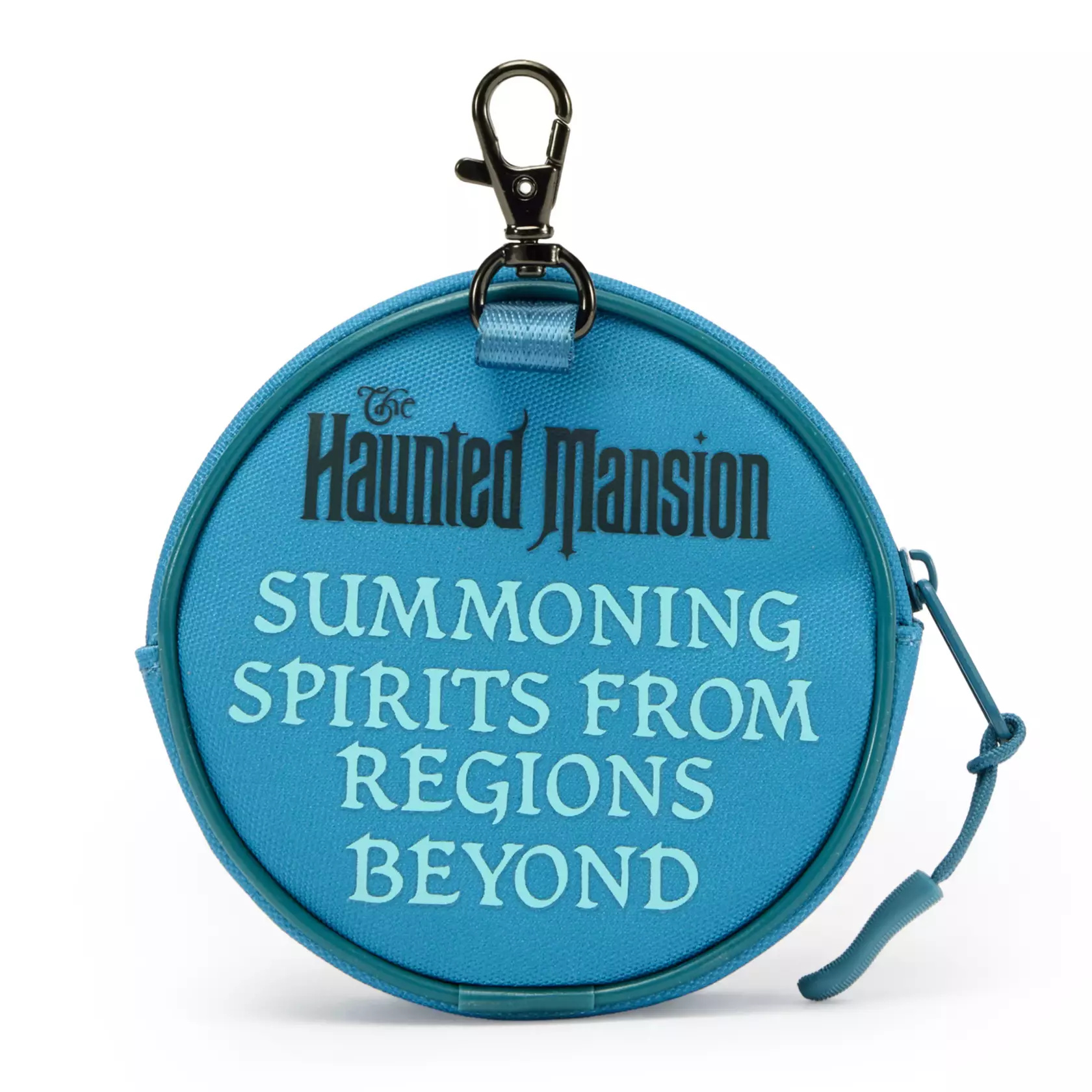 Madame Leota's face is on one side of this circular coin purse. The Haunted Mansion wordmark and "Summoning spirits from regions beyond" are on the reverse. It has a zip opening and a lobster claw clip.