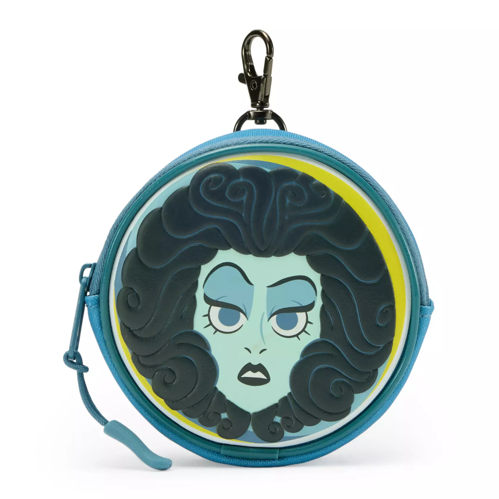 Madame Leota's face is on one side of this circular coin purse. The Haunted Mansion wordmark and "Summoning spirits from regions beyond" are on the reverse. It has a zip opening and a lobster claw clip.