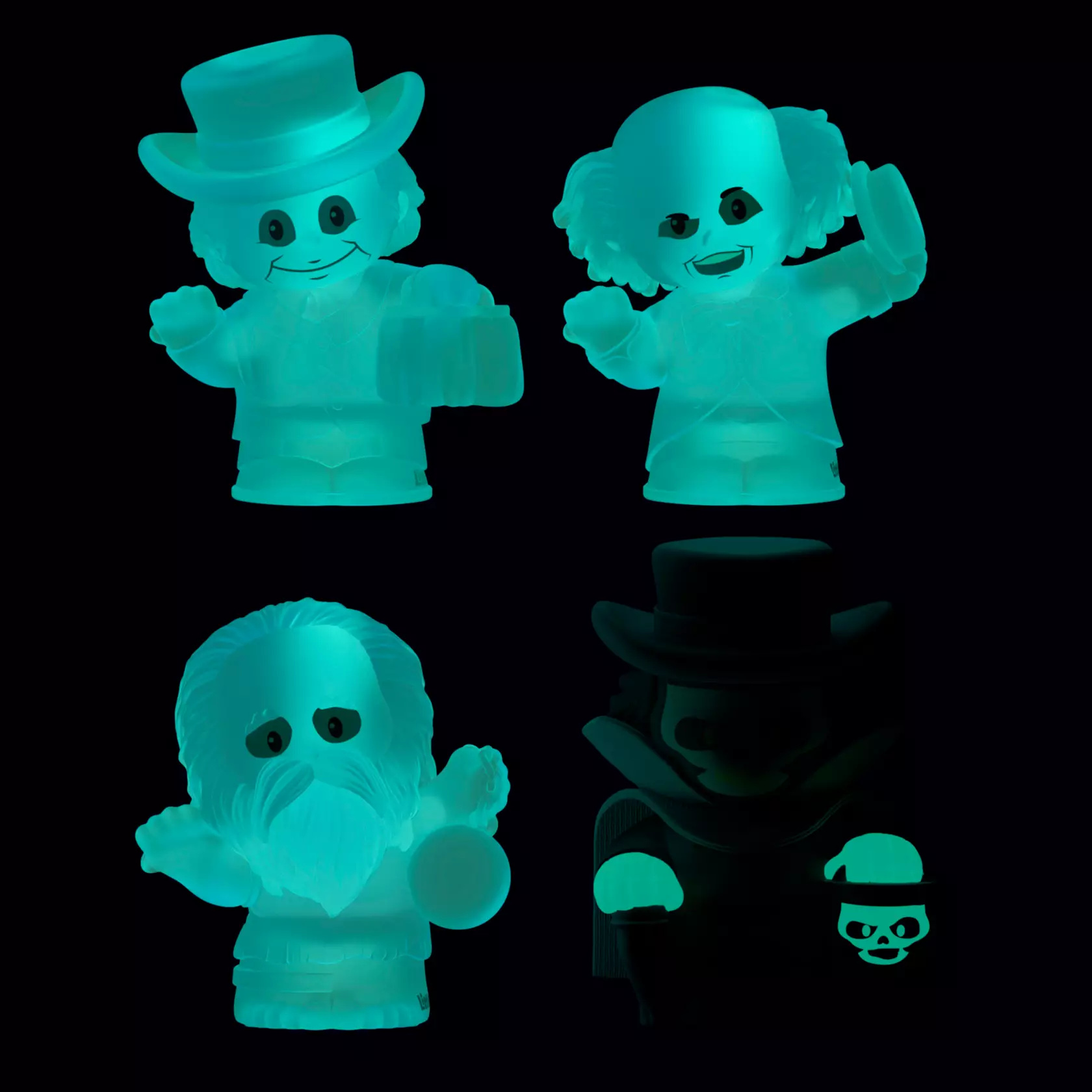 This set includes four glow-in-the-dark figures of the Hitchhiking Ghosts and the Hatbox Ghost. While the hitchhikers are fully translucent, the Hatbox Ghost's hands and face (in the hatbox) are the only glowing elements. They are up to 2 7/8" tall.
