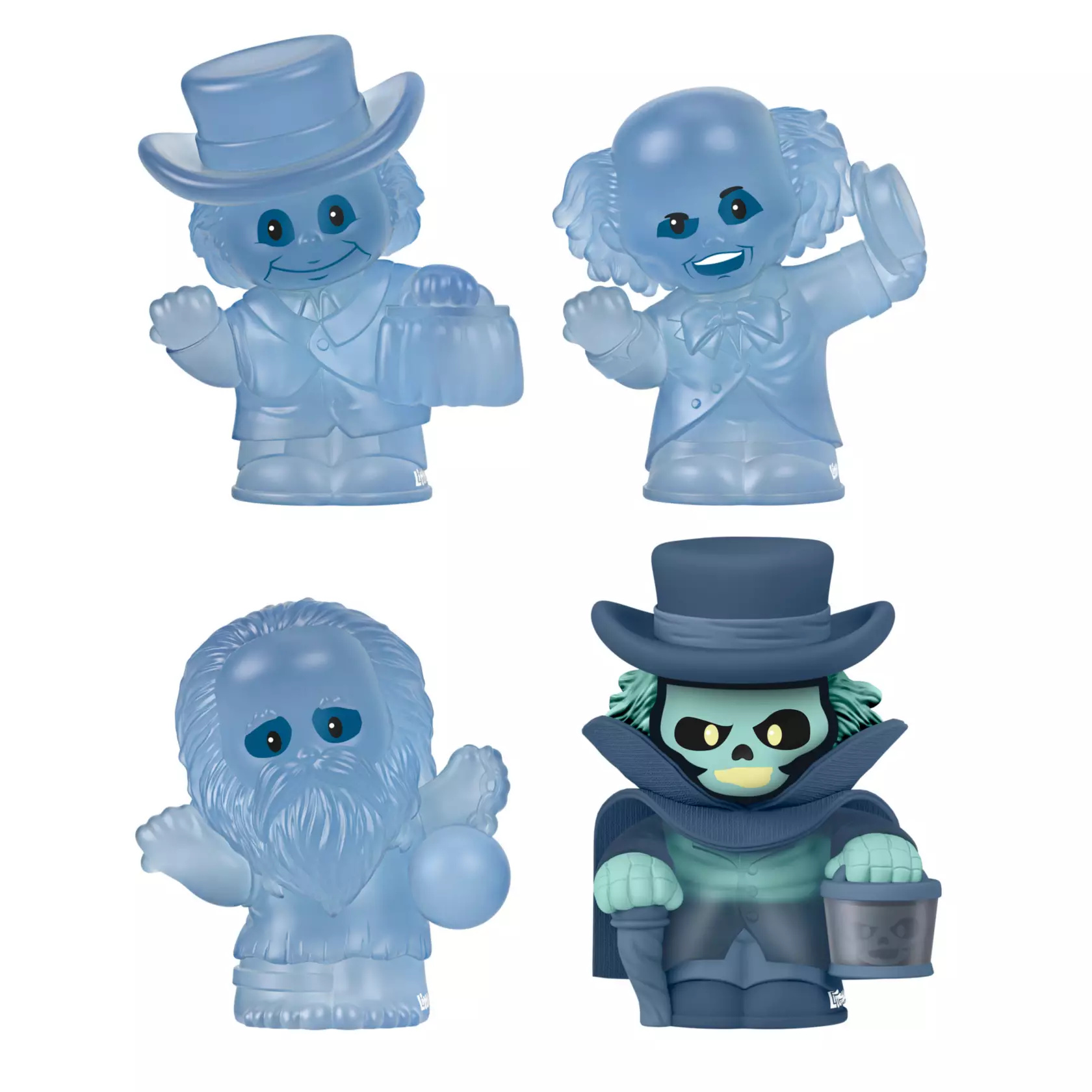This set includes four glow-in-the-dark figures of the Hitchhiking Ghosts and the Hatbox Ghost. While the hitchhikers are fully translucent, the Hatbox Ghost's hands and face (in the hatbox) are the only glowing elements. They are up to 2 7/8" tall.