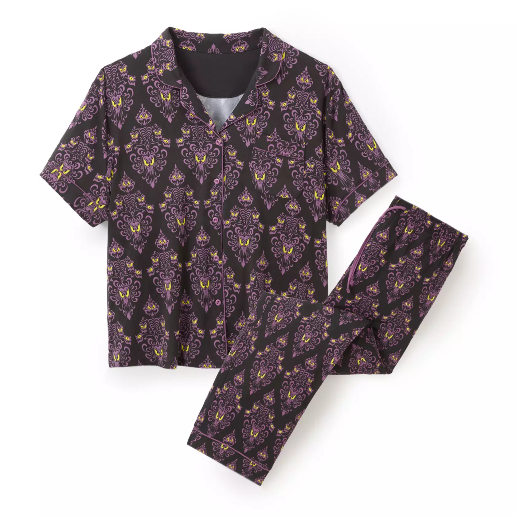 The same pattern is on this sleep set, which includes a top and pants. The top is a button-up with a notched collar. The pants have a drawstring elastic waist.