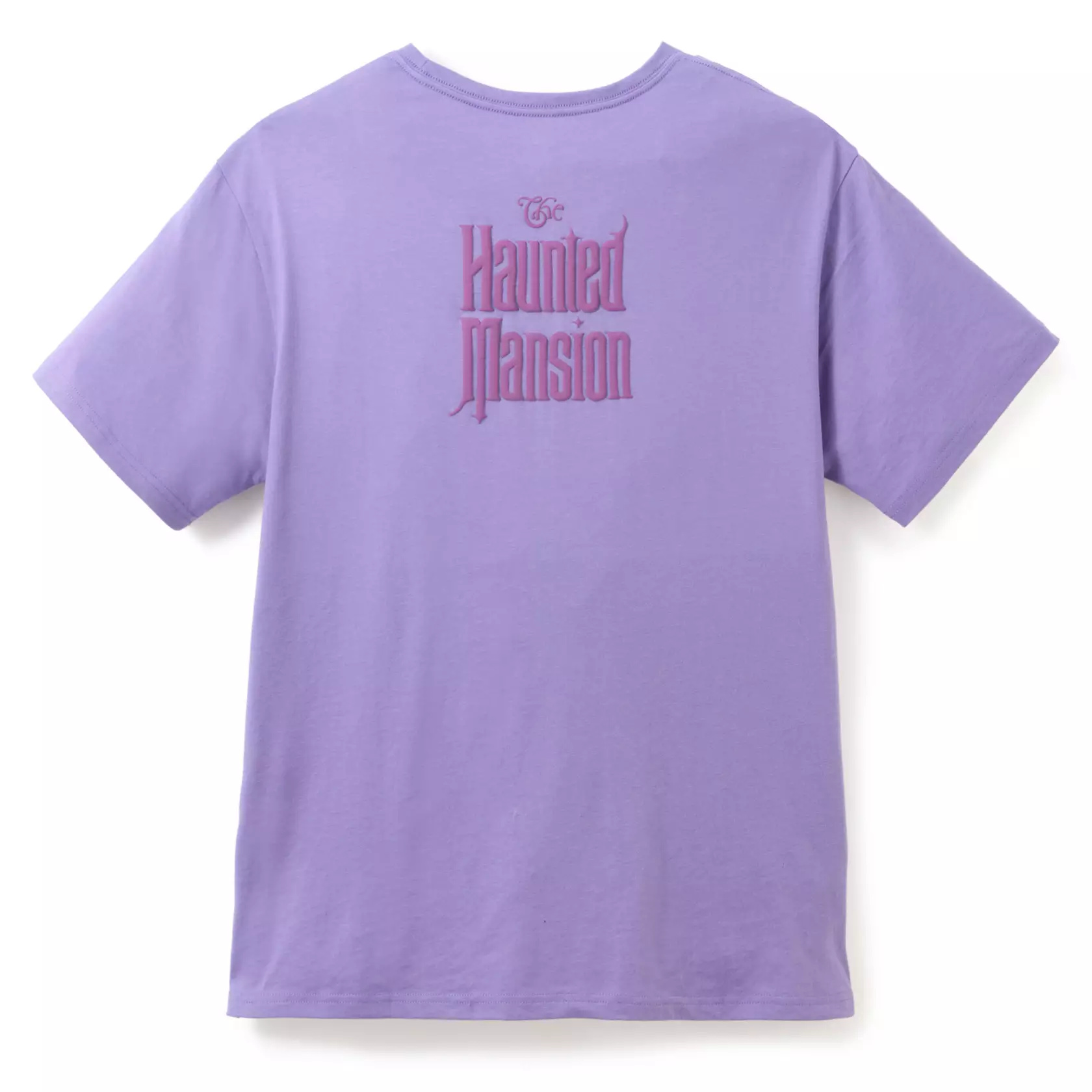 This lilac-colored t-shirt depicts Madame Leota's face in her crystal ball on the chest. In puffy ink text around her is "Send us a message from somewhere beyond." The Haunted Mansion wordmark is on the back, also in puffy ink. The top is made of cotton and recycled polyester.