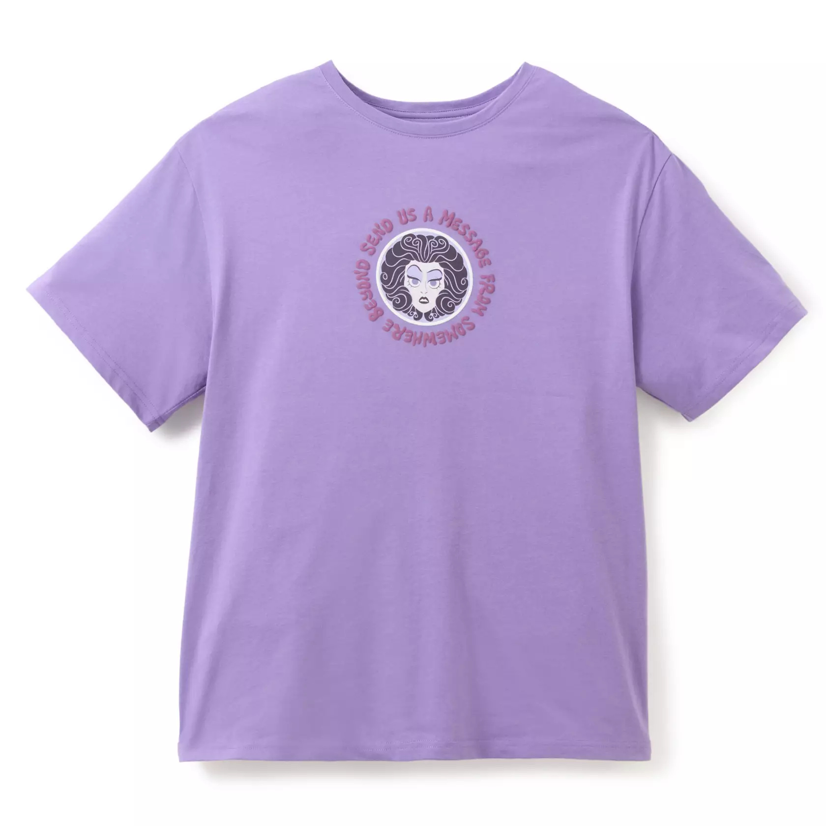 This lilac-colored t-shirt depicts Madame Leota's face in her crystal ball on the chest. In puffy ink text around her is "Send us a message from somewhere beyond." The Haunted Mansion wordmark is on the back, also in puffy ink. The top is made of cotton and recycled polyester.