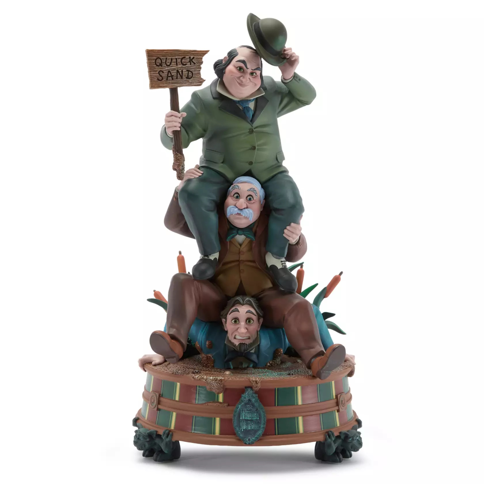 This 13 3/4" sculpted figure, also designed by Steven Thompson, depicts another Stretching Room portrait. Three gentlemen sit on each other's shoulders as they descend into quick sand. It also has multicolored lights shining up from the base.