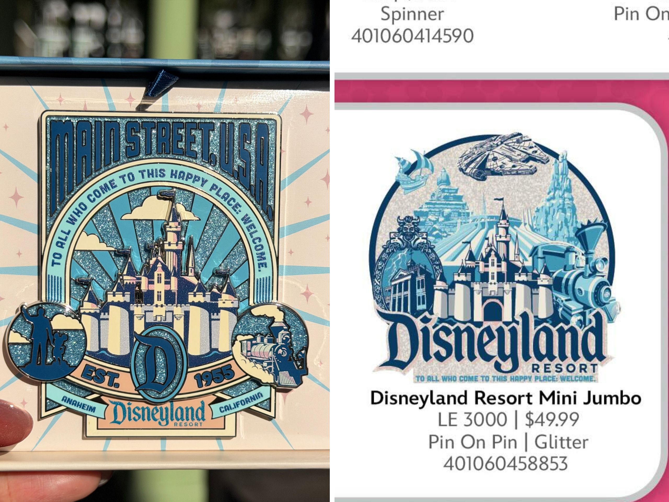 Side by side comparison of Disneyland mini jumbo pin.