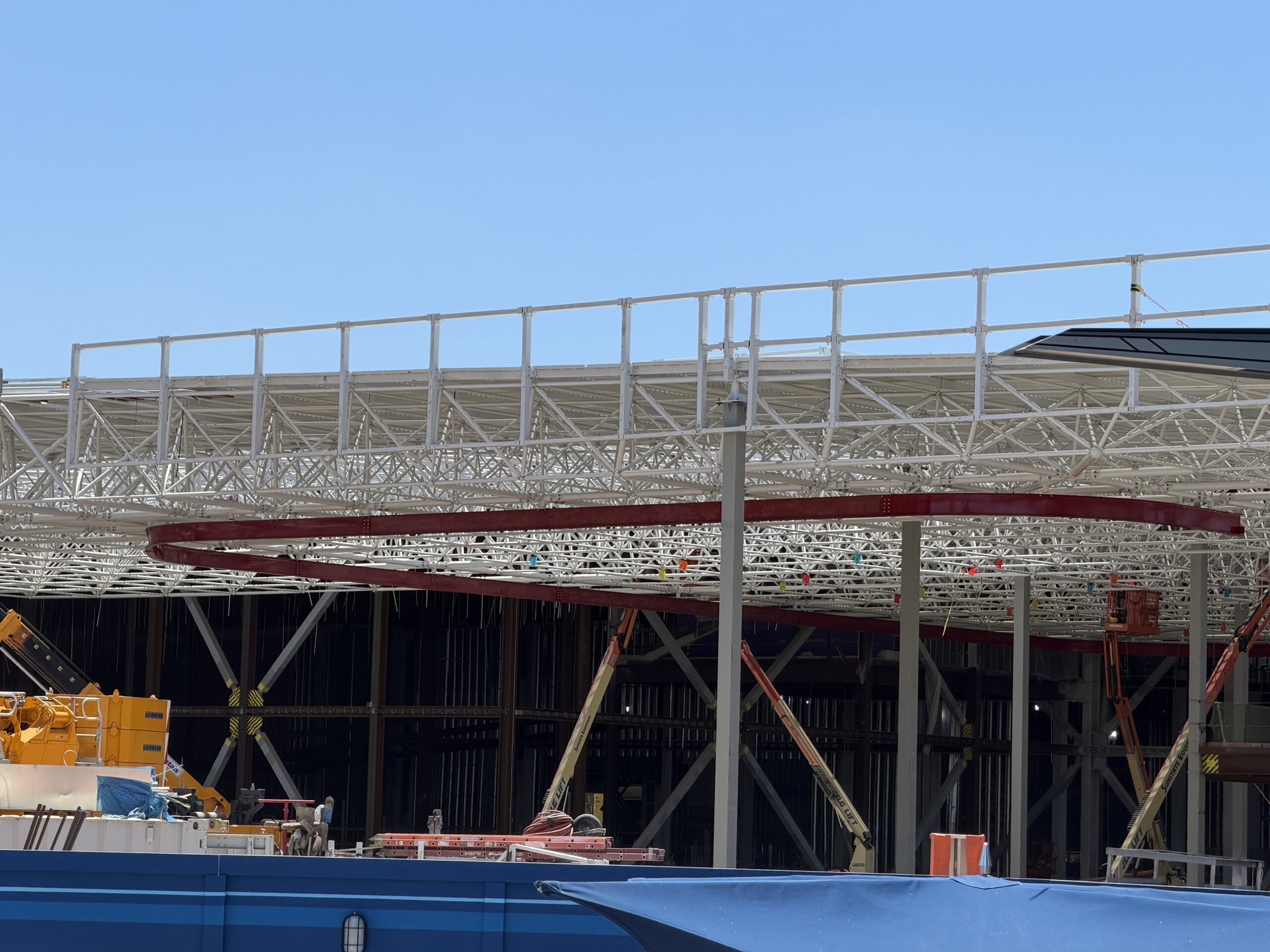 Construction continues to progress at Disney California Adventure for the Avengers Campus expansion, with the latest changes including a new rail being installed.