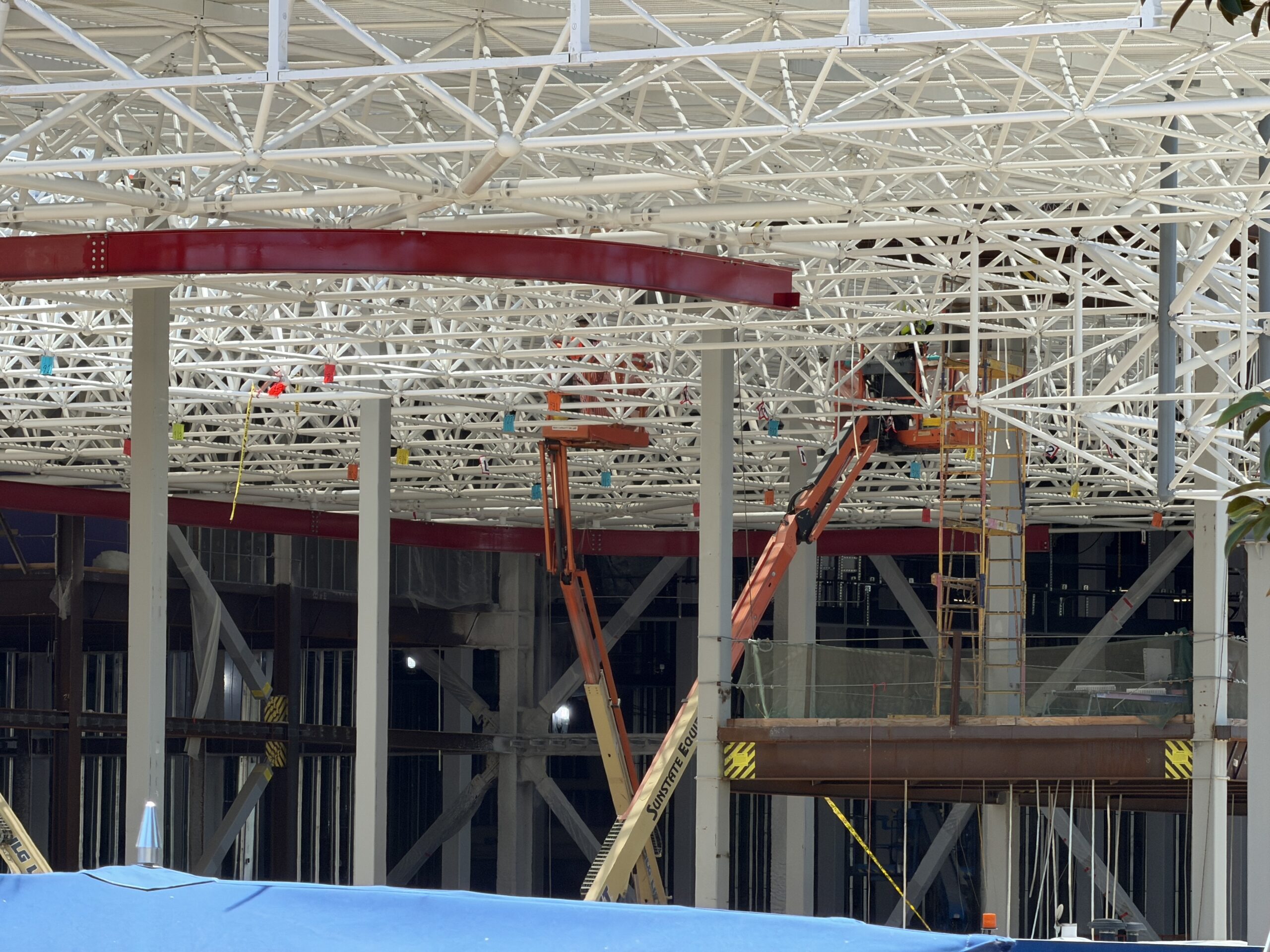 Construction continues to progress at Disney California Adventure for the Avengers Campus expansion, with the latest changes including a new rail being installed.