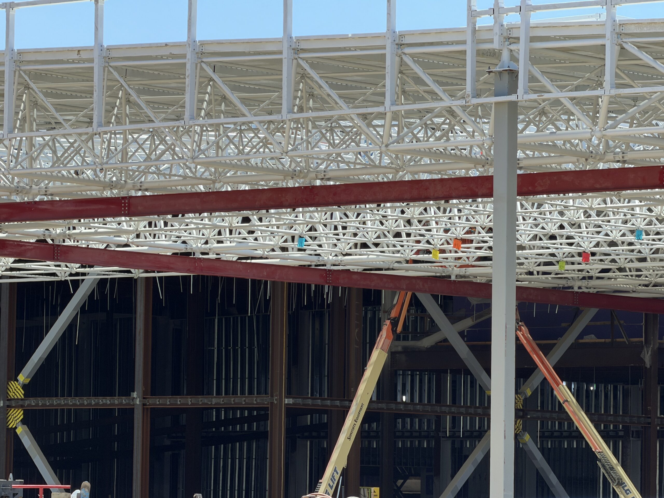 Construction continues to progress at Disney California Adventure for the Avengers Campus expansion, with the latest changes including a new rail being installed.