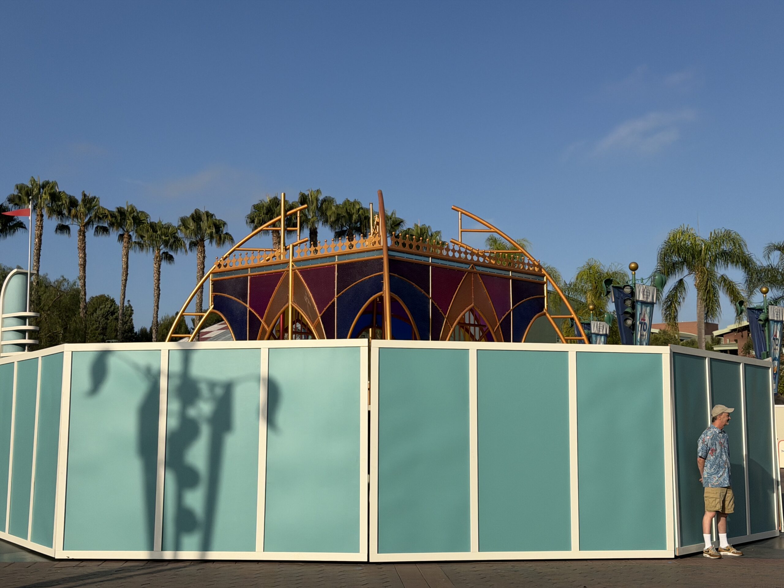 Crews have started dismantling the Sleeping Beauty Castle-inspired sculpture in the Disneyland Resort Esplanade. Constructed last year, the sculpture was part of the Disneyland 70th anniversary celebration, which is now wrapping up.