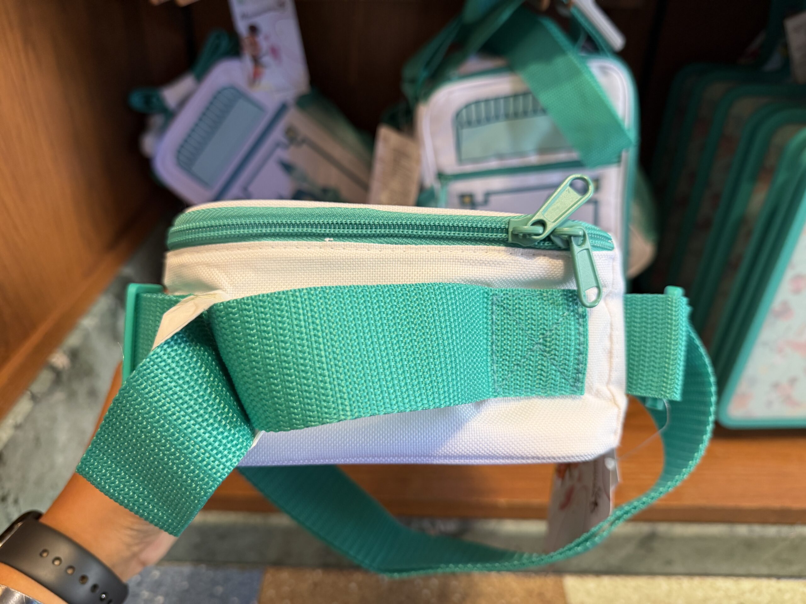 At Kingswell Shop in Disney California Adventure was this trash can-inspired lunch box. It has the classic Disney trash can shape in a white and teal color scheme. A simple Disney castle is on a small front zip pocket.