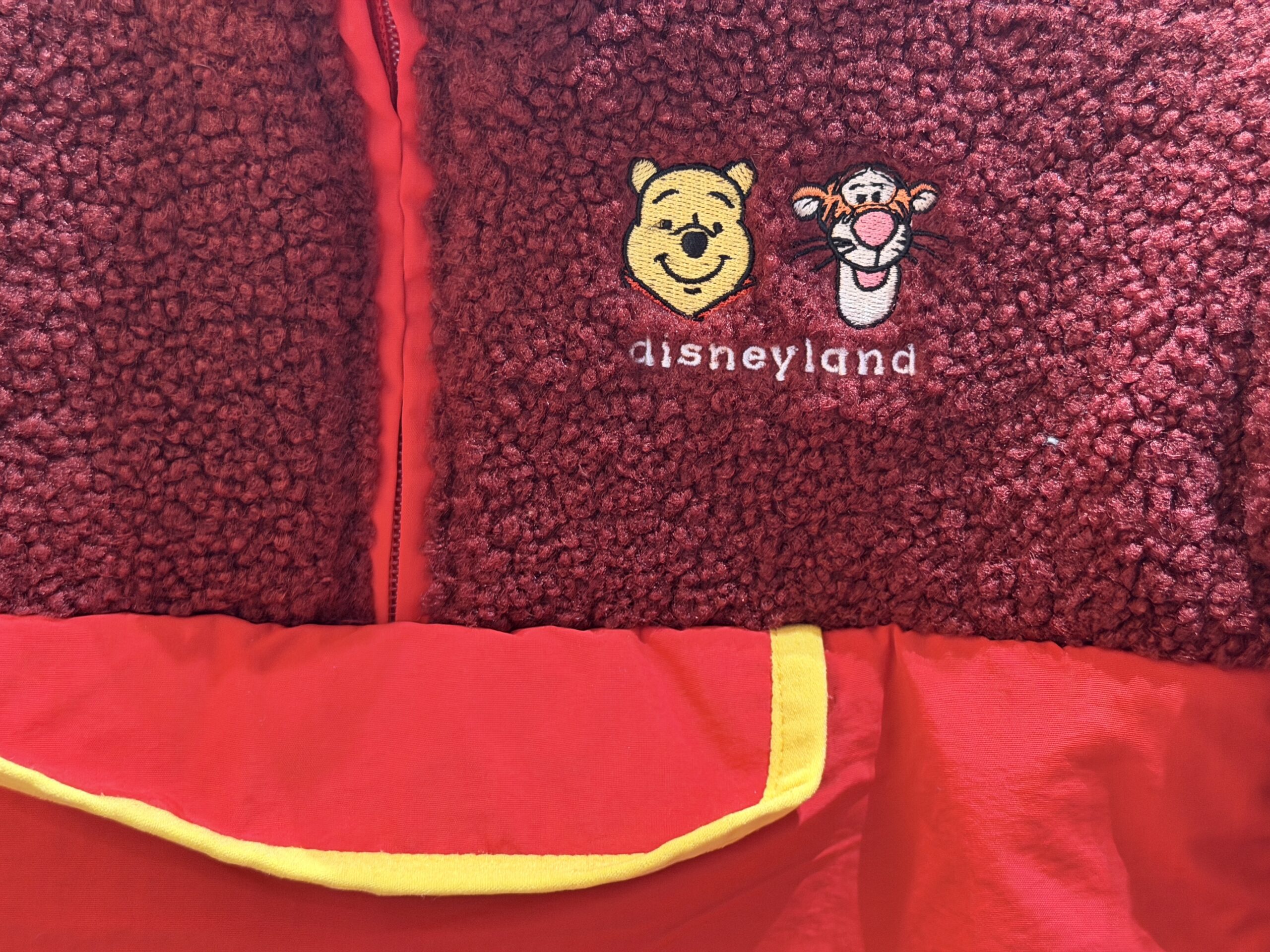 Embroidered appliqués of Pooh and Tigger are on the left chest with "Disneyland" in white embroidered text.