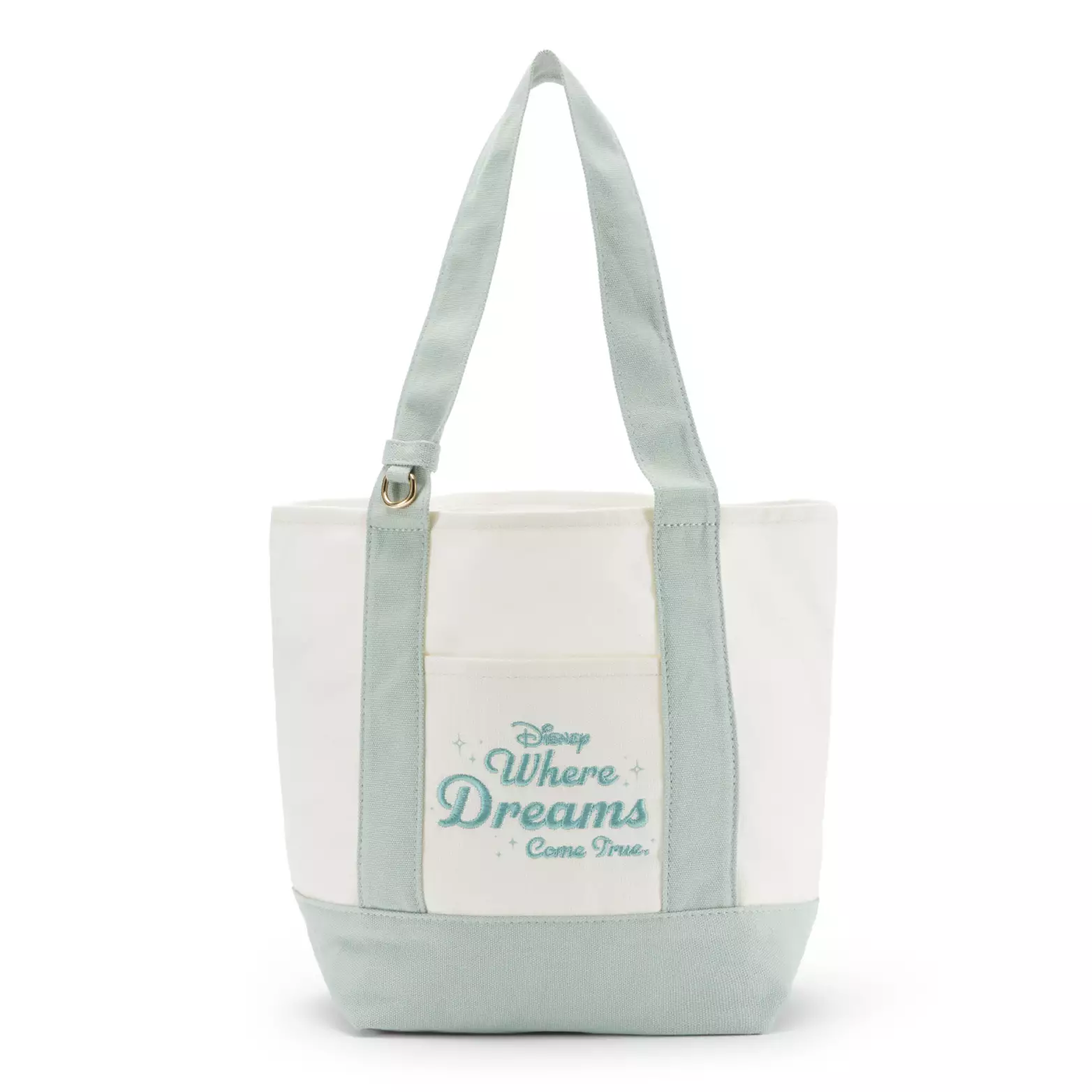 "Where dreams come true" is embroidered in mint on the front of this white mini tote. The straps and bottom are in a corresponding color. An o-ring for a charm hangs on the front of one of the straps.
