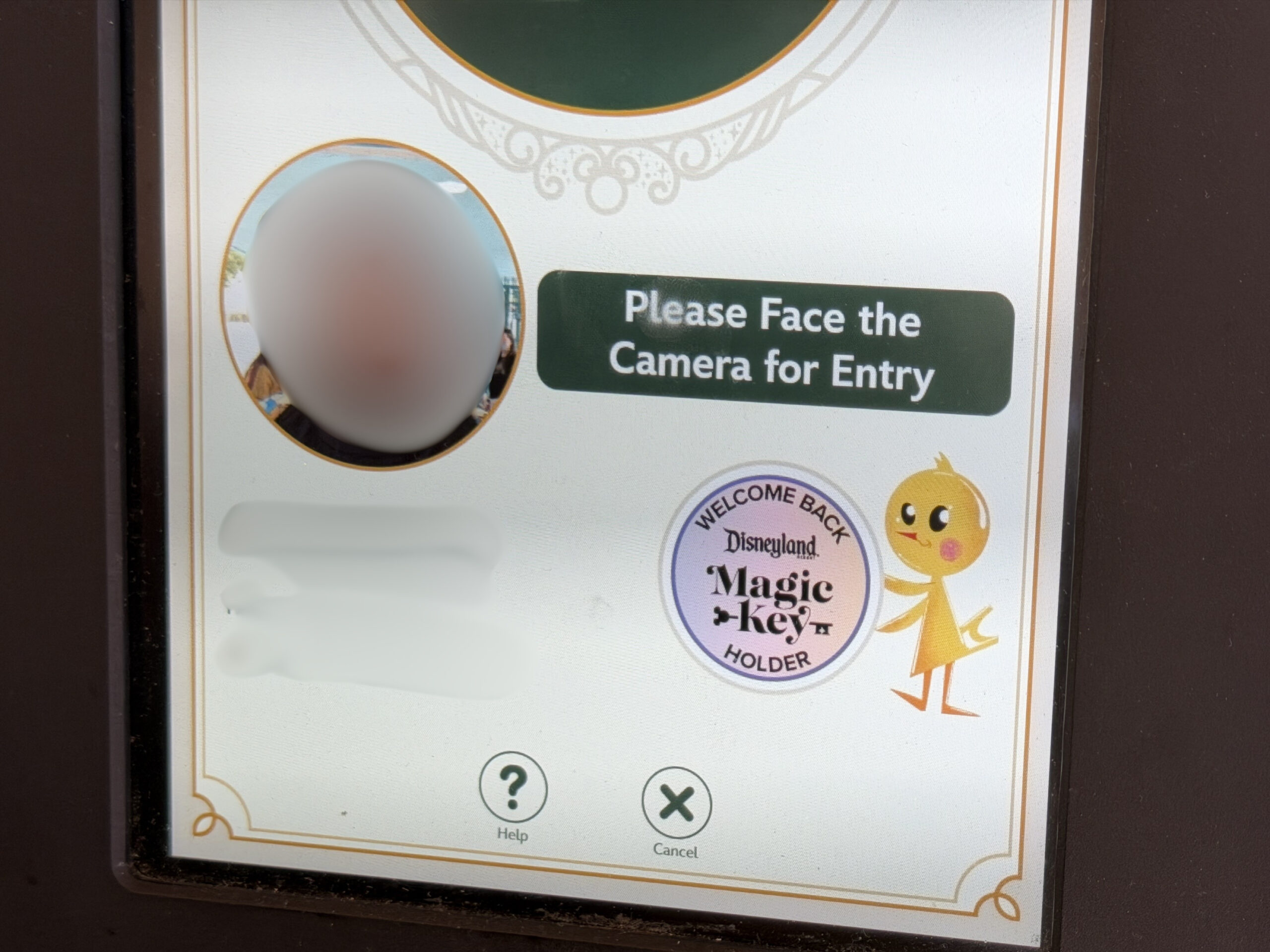 Duckey appears in the bottom righthand corner of the entry point screen. He is holding a little sign that says "Welcome back Disneyland Resort Magic Key Holder."