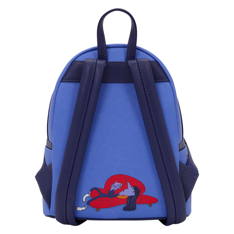 On the back of the backpack, we see more of the bubble pattern with a full-color Ennui lying on her back on a bright red couch.