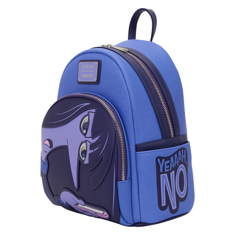 Each side pocket on the backpack features a different phrase. On the right side is "Yikes yikes yikes" and the other is "Yeaaah, no."