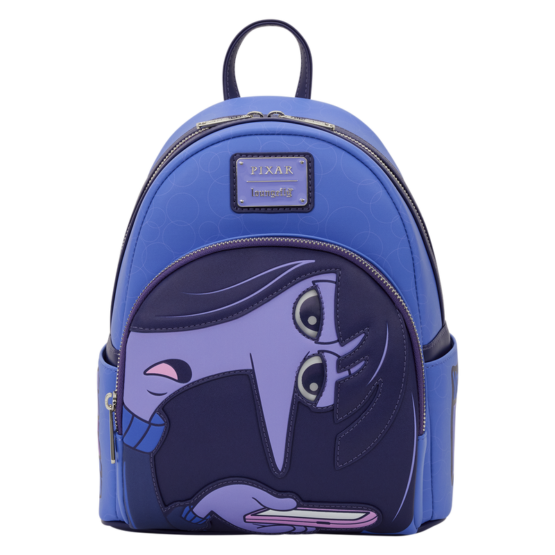 Covered in a pattern of bubbles, this periwinkle backpack features an image of Ennui staring at her phone on the outermost pocket.