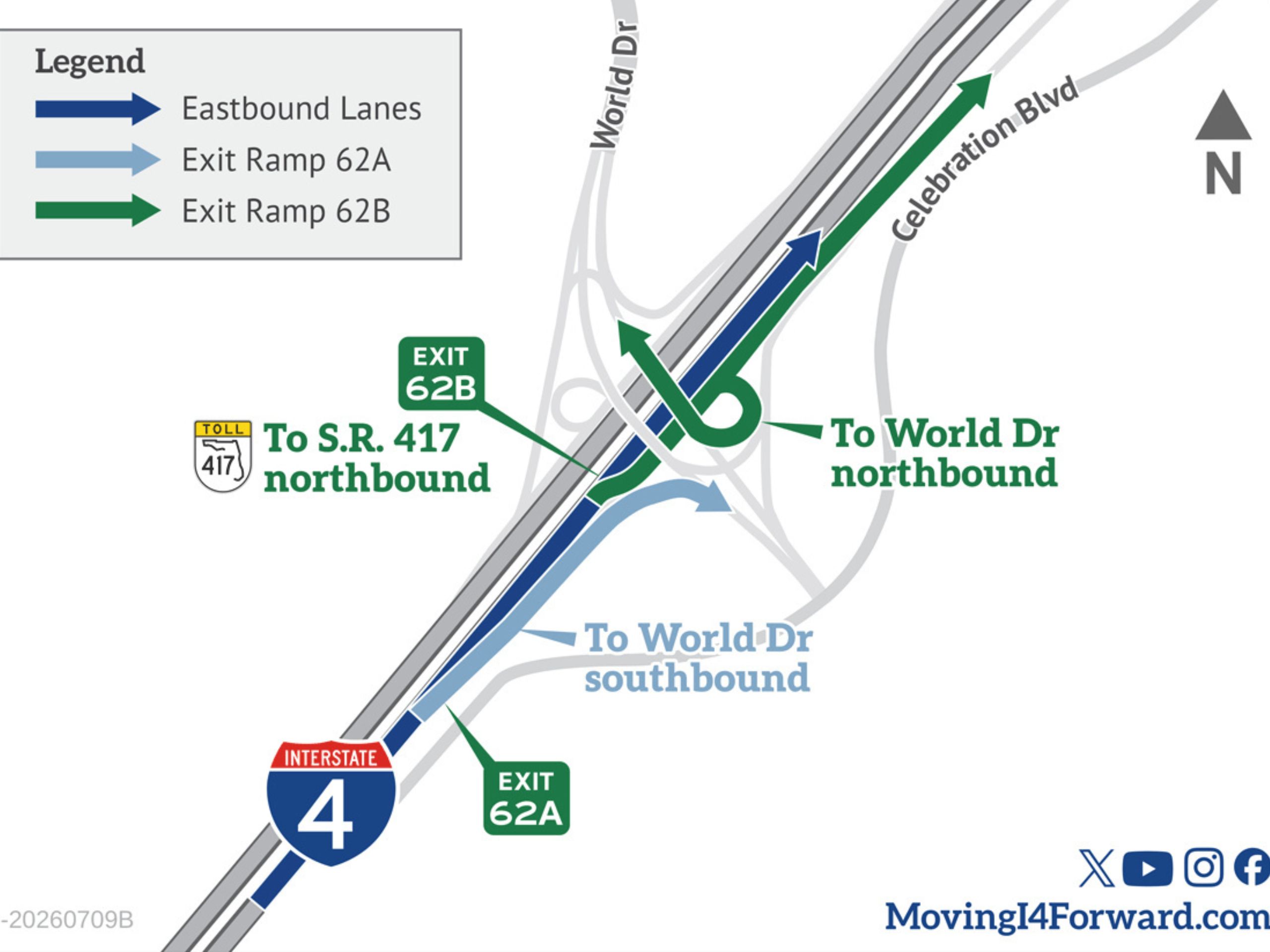 As seen in the image above from MovingI4Forward.com, eastbound traffic on Interstate 4 exiting the World Drive exit has now been reconfigured into two exits, 62A and 62B.