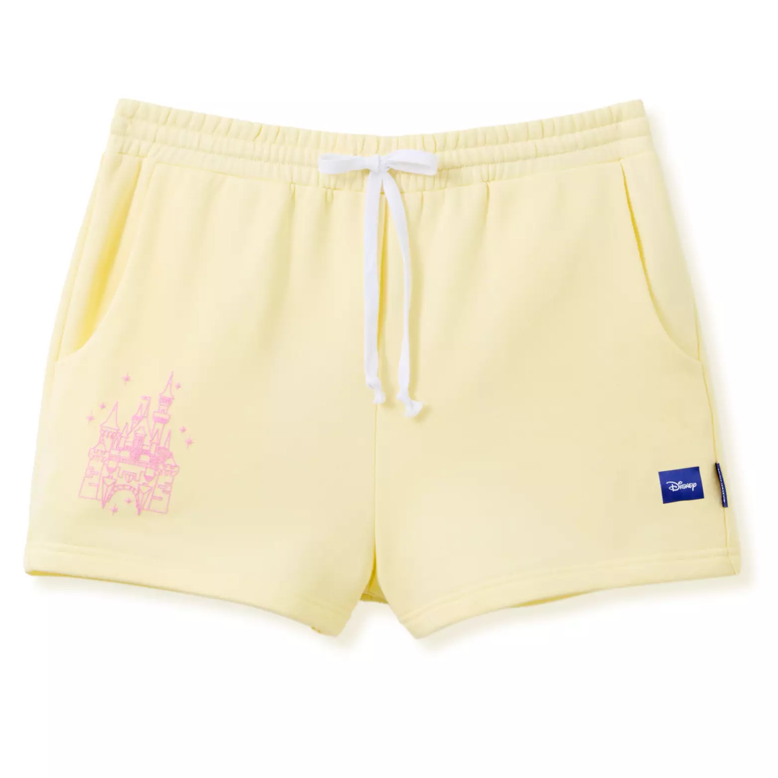 These pastel yellow shorts have a pink Fantasyland Castle surrounded by stars on the righthand side. The back is plain.