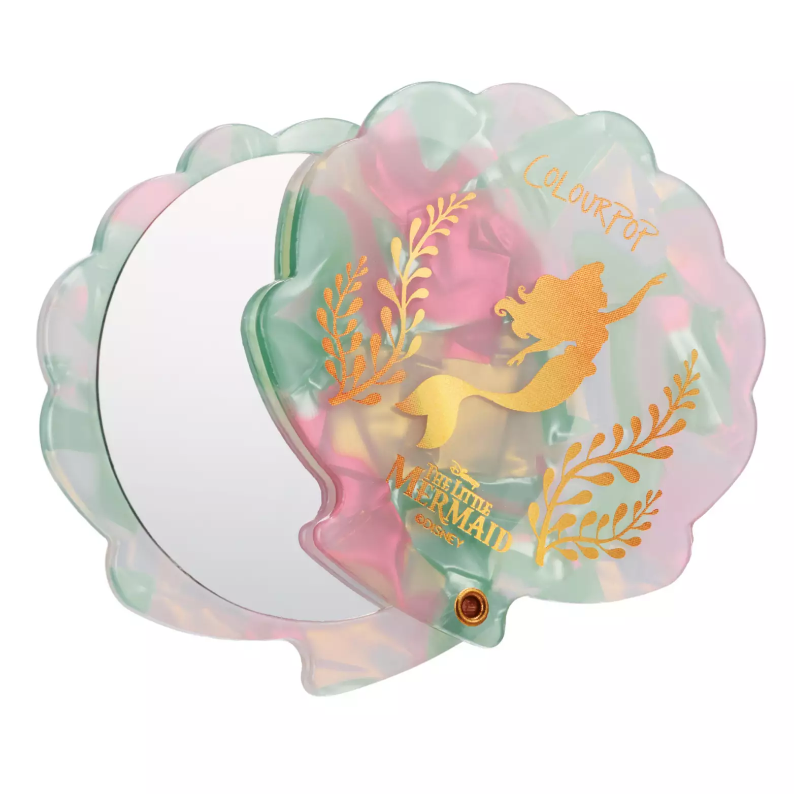Touch up with a touch of the sea with this shell-shaped compact mirror, which opens with a swiveling hinge. The outside features a pearled iridescent rainbow finish printed with golden kelp fronds, Ariel's swimming silhouette, and The Little Mermaid wordmark.