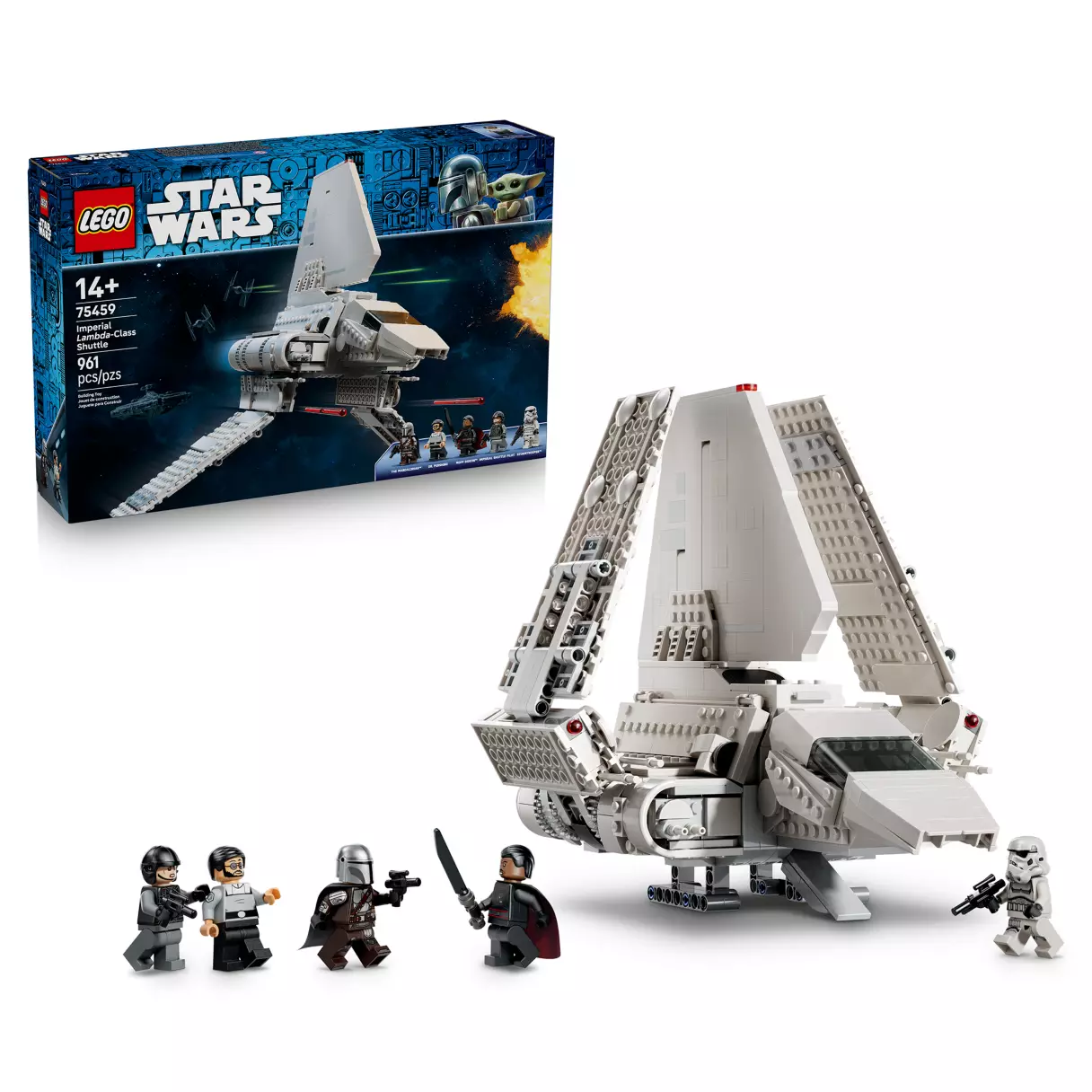 Designed for ages 14+, it has 961 pieces. It’s based on The Mandalorian season 2, with five characters, including the first-ever Dr. Pershing minifig. He accompanies Mando, Moff Gideon, an Imperial Shuttle Pilot, and a Stormtrooper. Accessories include the Darksaber