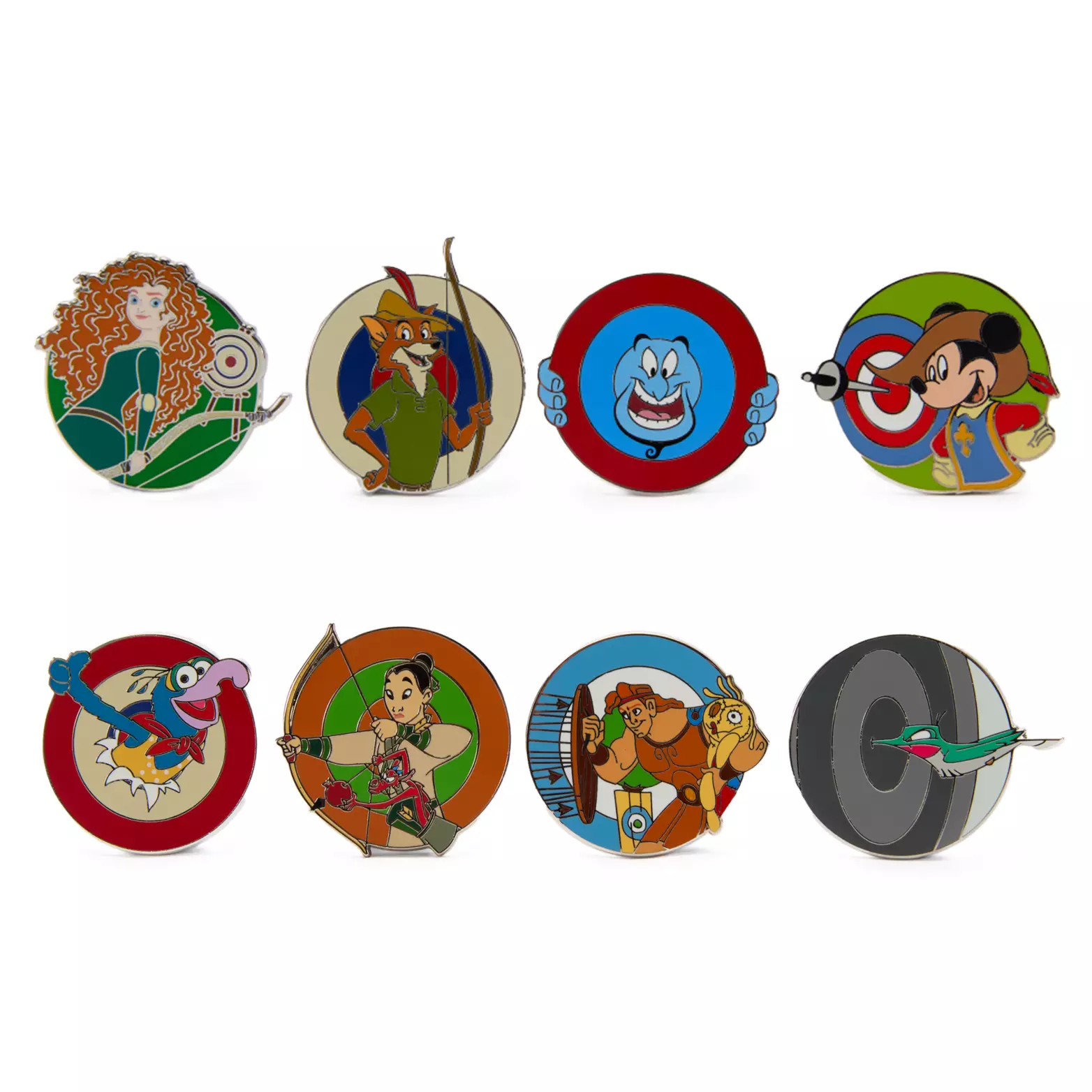 This mystery pin series depicts Disney characters known for archery alongside others against bullseye backgrounds. Each box contains two pins out of a possible eight designs: