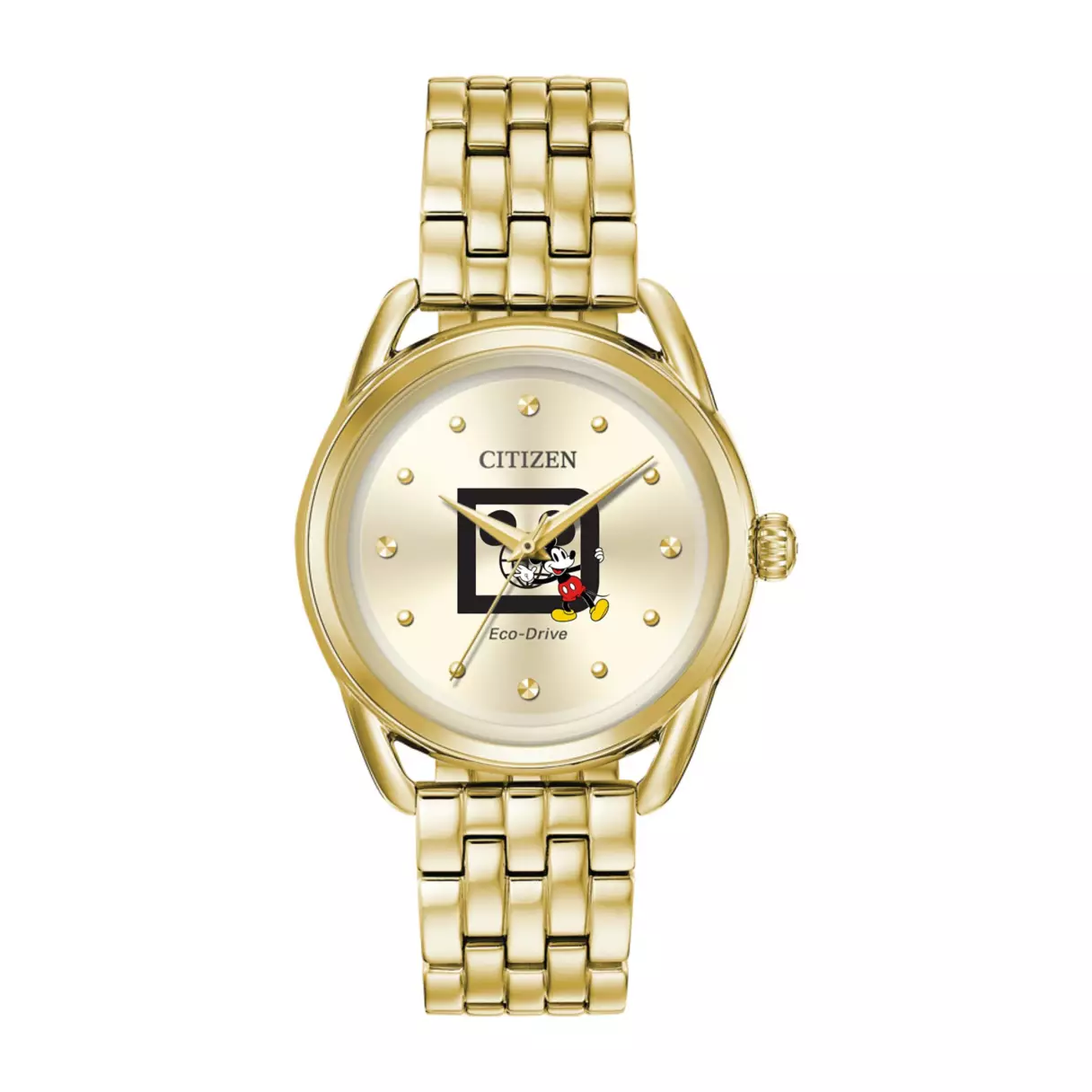 Made of stainless steel with a gold-tone finish, this Citizen watch shows a vintage-looking Mickey Mouse holding onto the side of a black Walt Disney World "D" logo. Instead of numbers in the watch, there are gold-tone index markers at each hour point, with larger ones at the "12," "3," "6," and "9" designations.