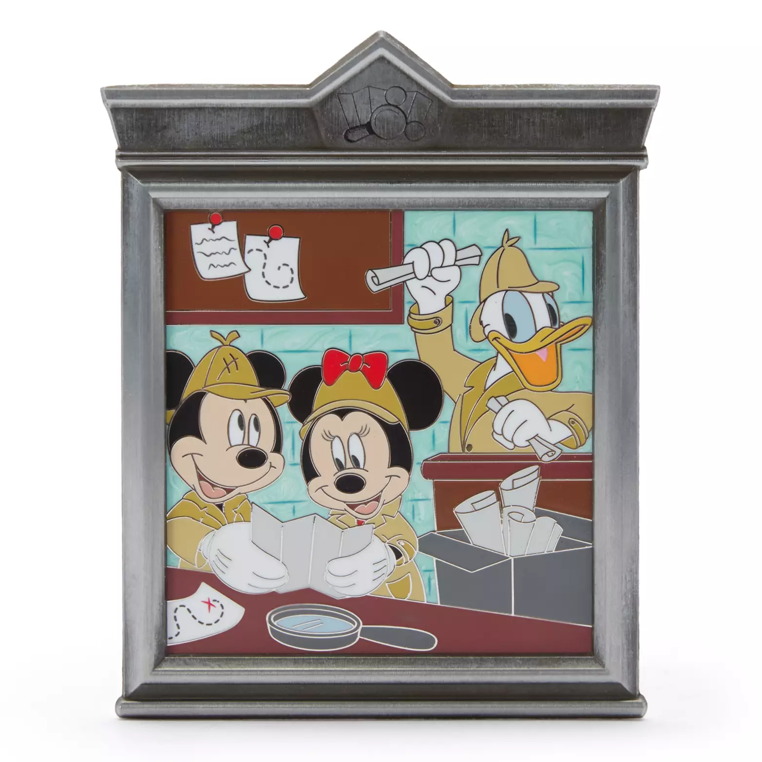 Inside a window frame, detectives Mickey, Minnie, and Donald are looking at clues to solve a case in this jumbo pin. Clue notes are posted around the background or collected in a box behind them.