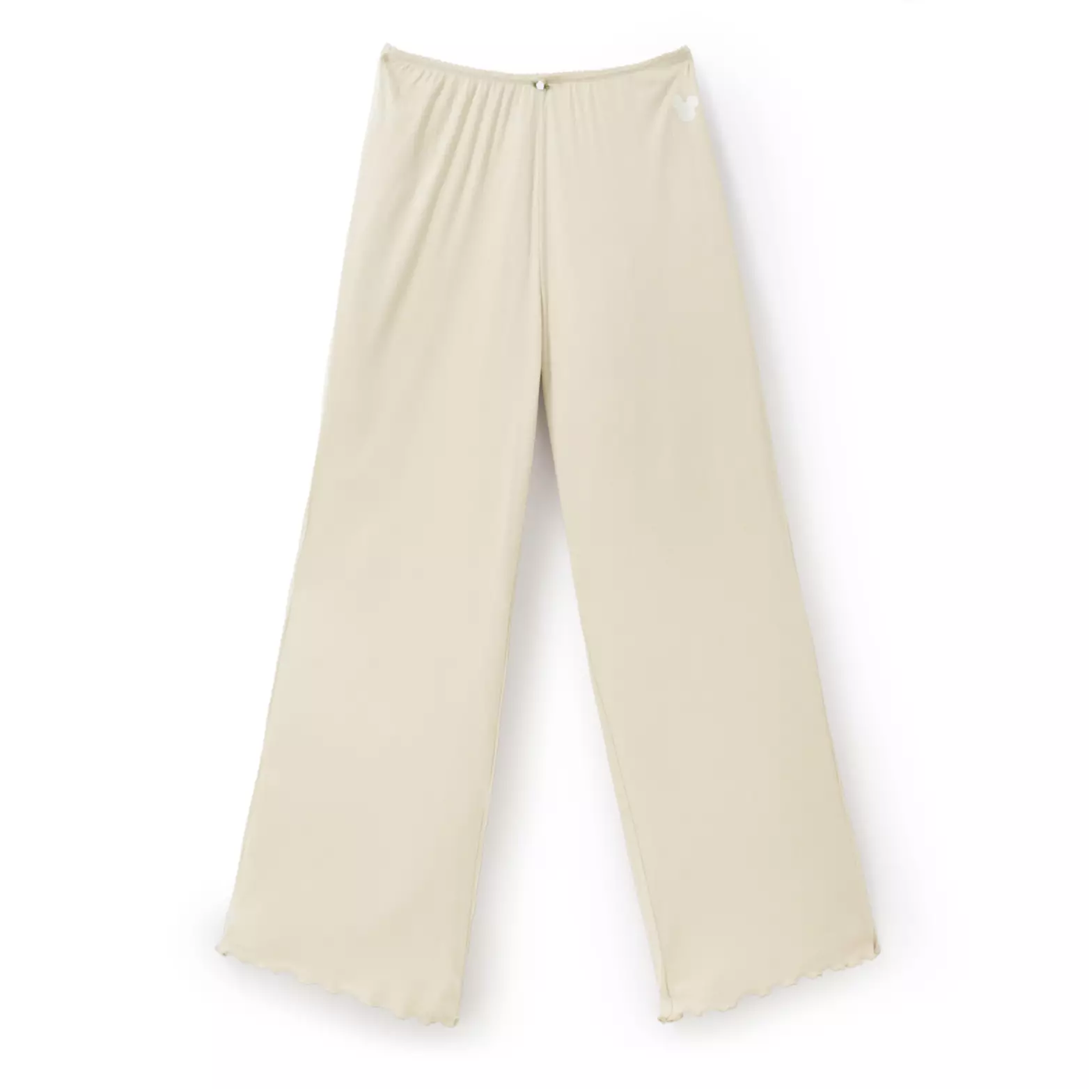 Made from the same material as the two sets above, this is a pair of lounge pants. They are beige with a Mickey head icon near the left hip.