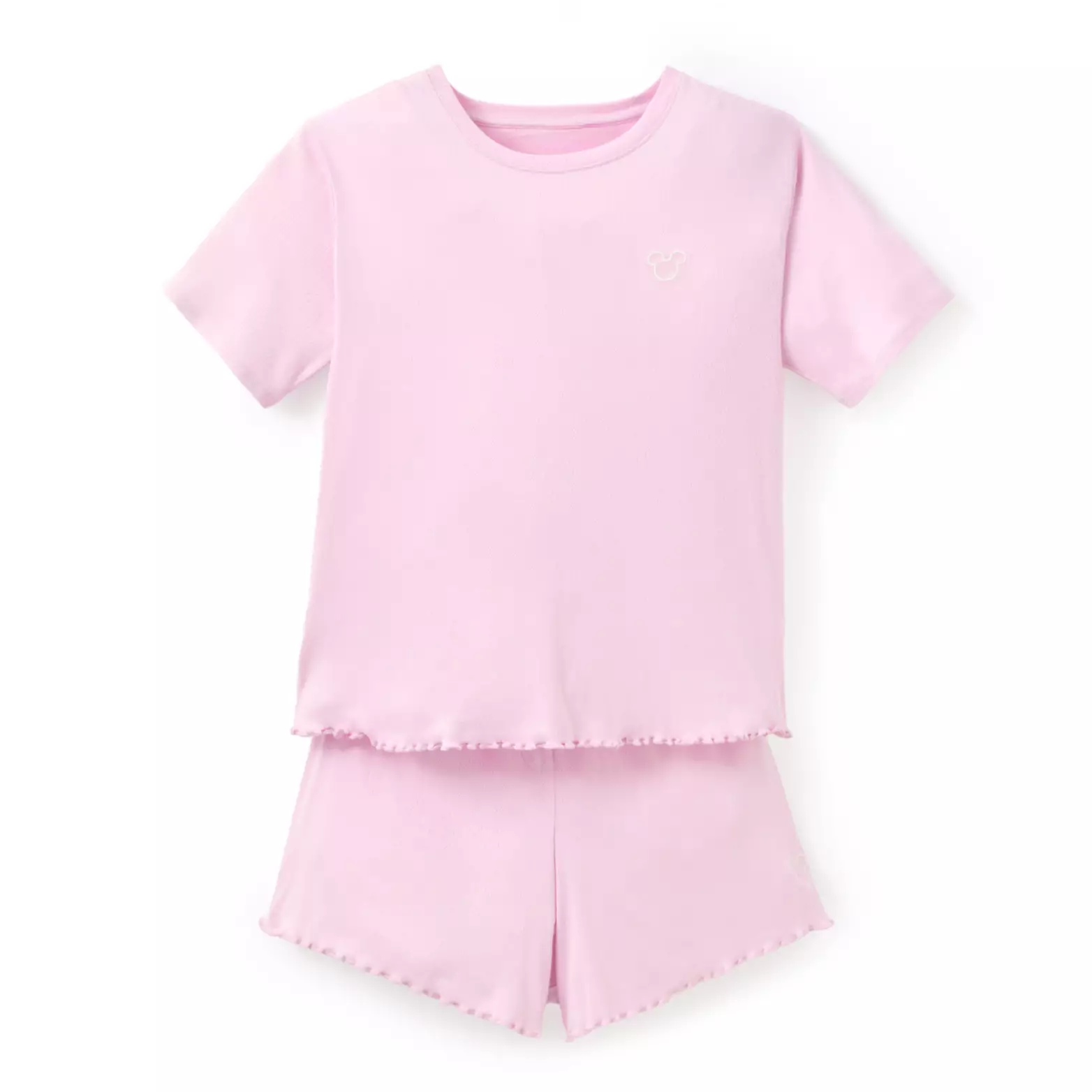 With a ruffled waist and leg hems, this two-piece sleep set comes with matching shorts and T-shirt. They are both in light pink, and the top has a small, white Mickey head icon on the left side of the chest.