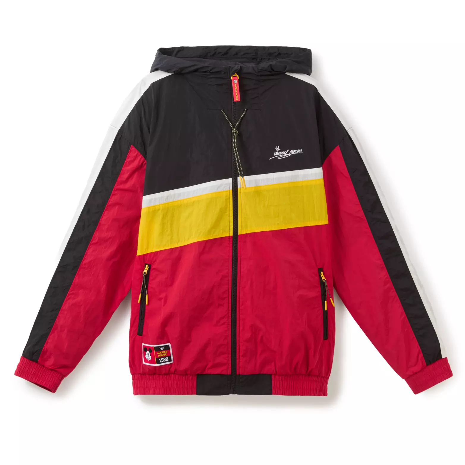This is also a colorblock design windbreaker but in red, black, and yellow (with a bit of white). Mickey's signature in white is featured on the front lefthand chest.