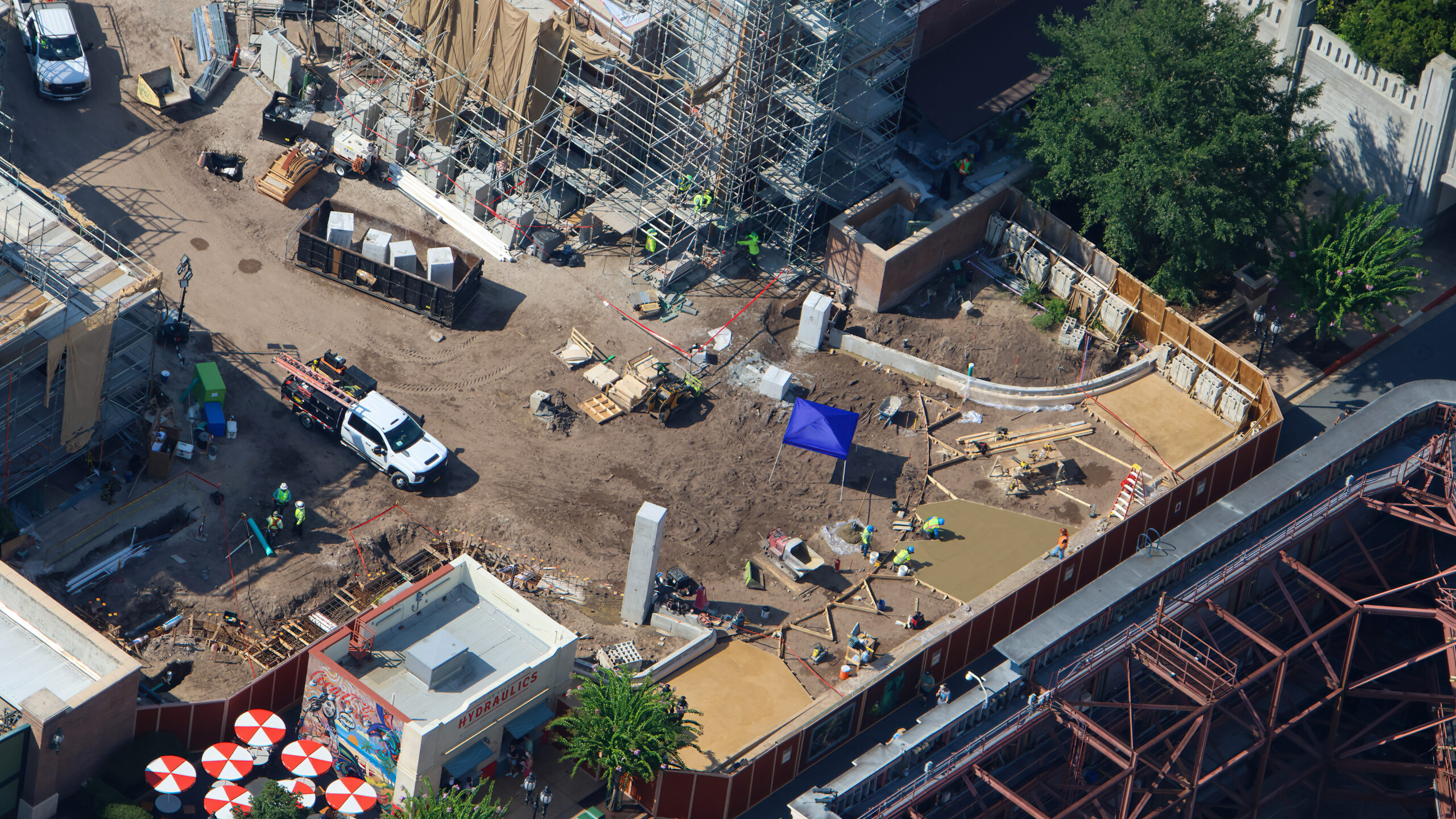 Aerial Photos Reveal First Themed Concrete and Entrance Columns Trashed at Monstropolis