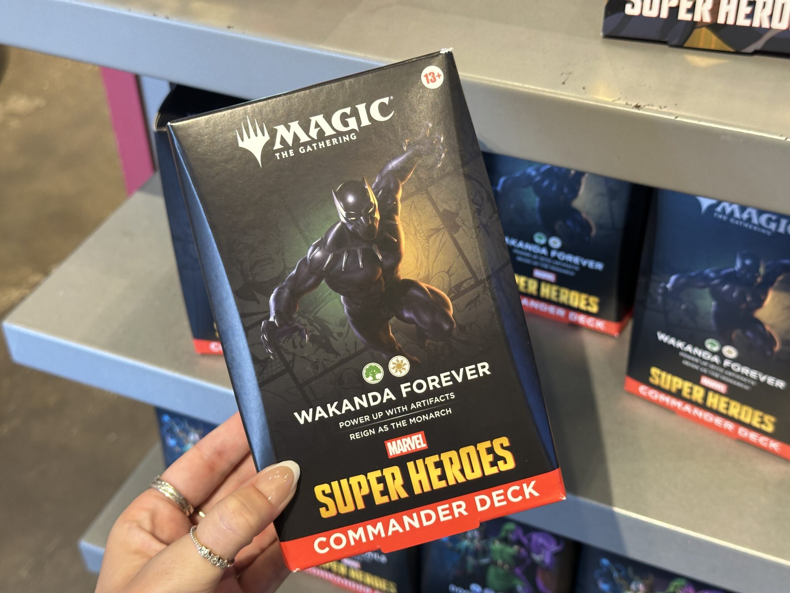 This Black Panther-centered commander deck comes with 100 cards that include 30 new cards as well as 10 double-sided token cards, a strategy insert, and a reference card.