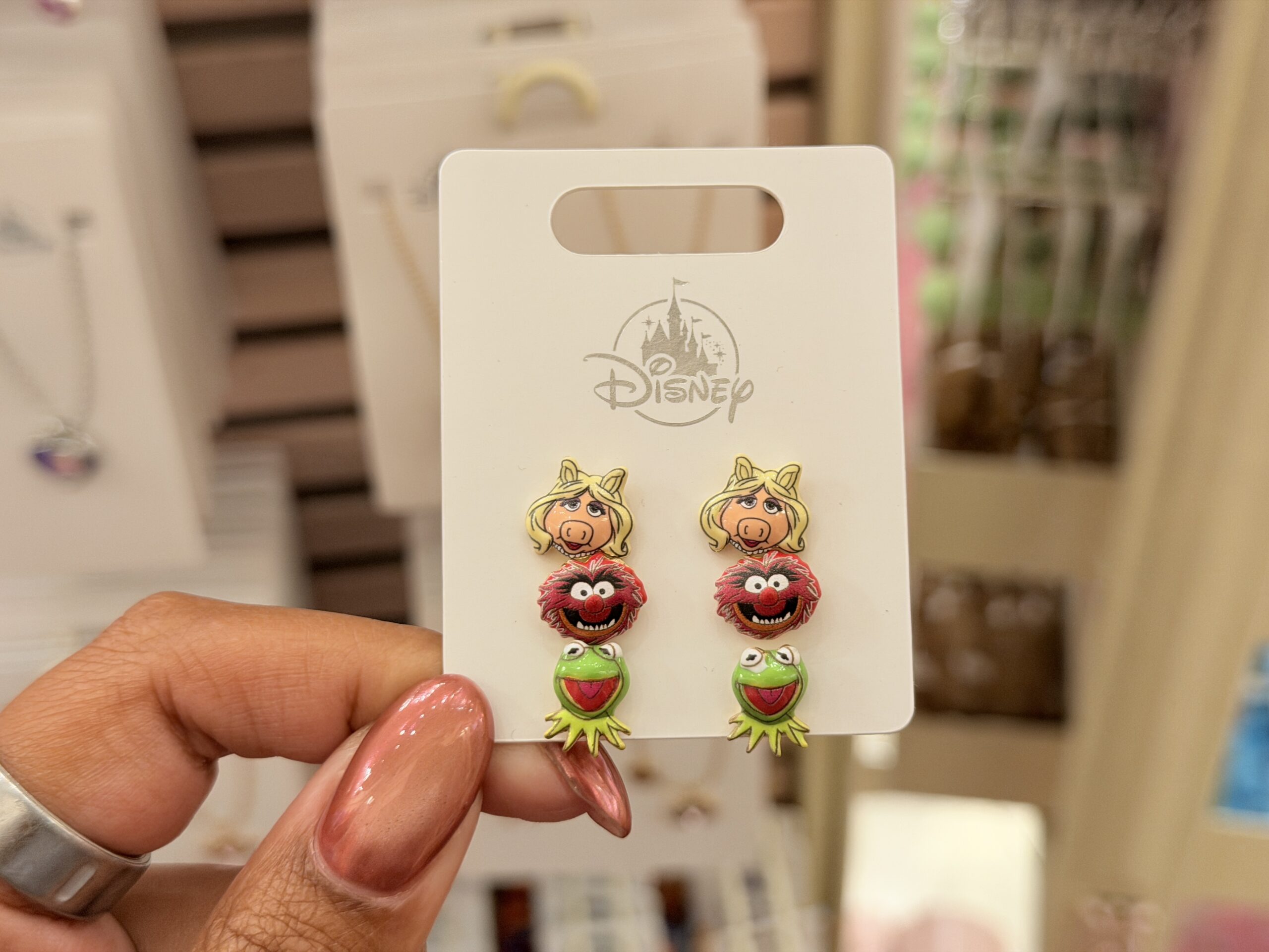 There are three total earring sets, so you can mix and match. Characters include Miss Piggy, Animal, and Kermit.