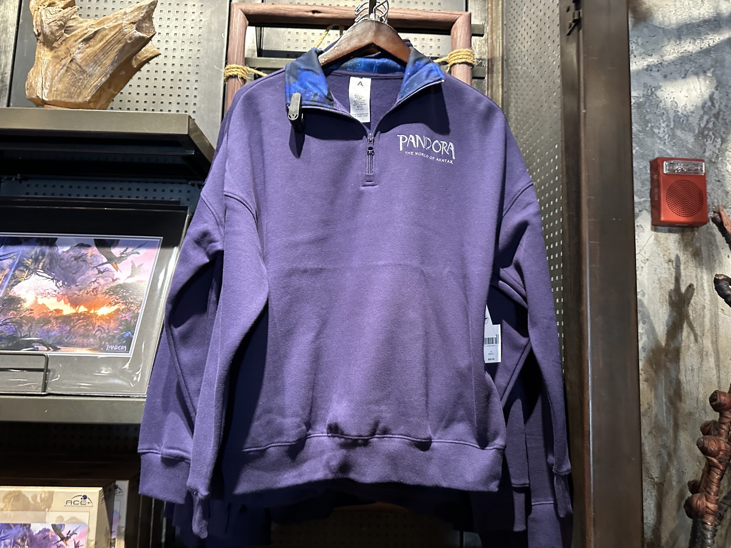 This quarter-zip pullover sweatshirt has the Pandora wordmark in grey on the lefthand chest. The interior of the collar also has similar blue detail of the land of Pandora.