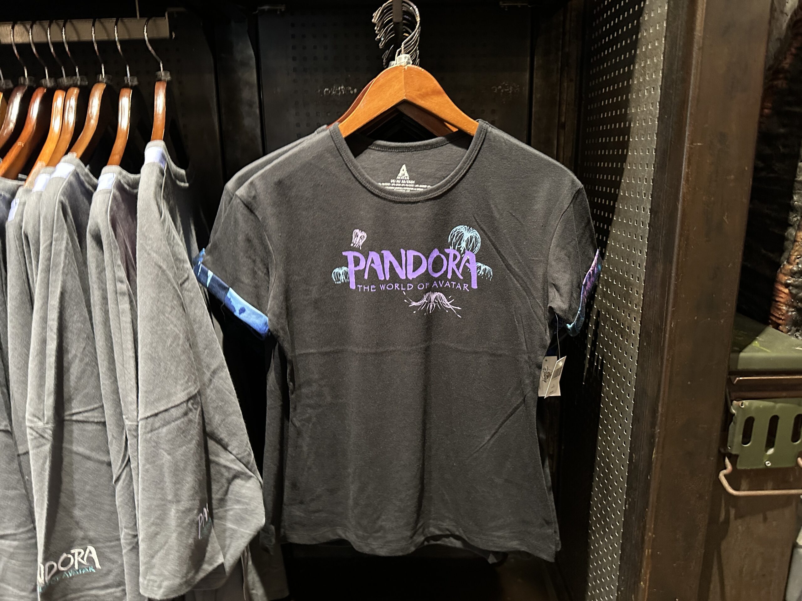 This black T-shirt has the Pandora wordmark on the front in purple text. Woodsprites in lavender and light blue surround it.