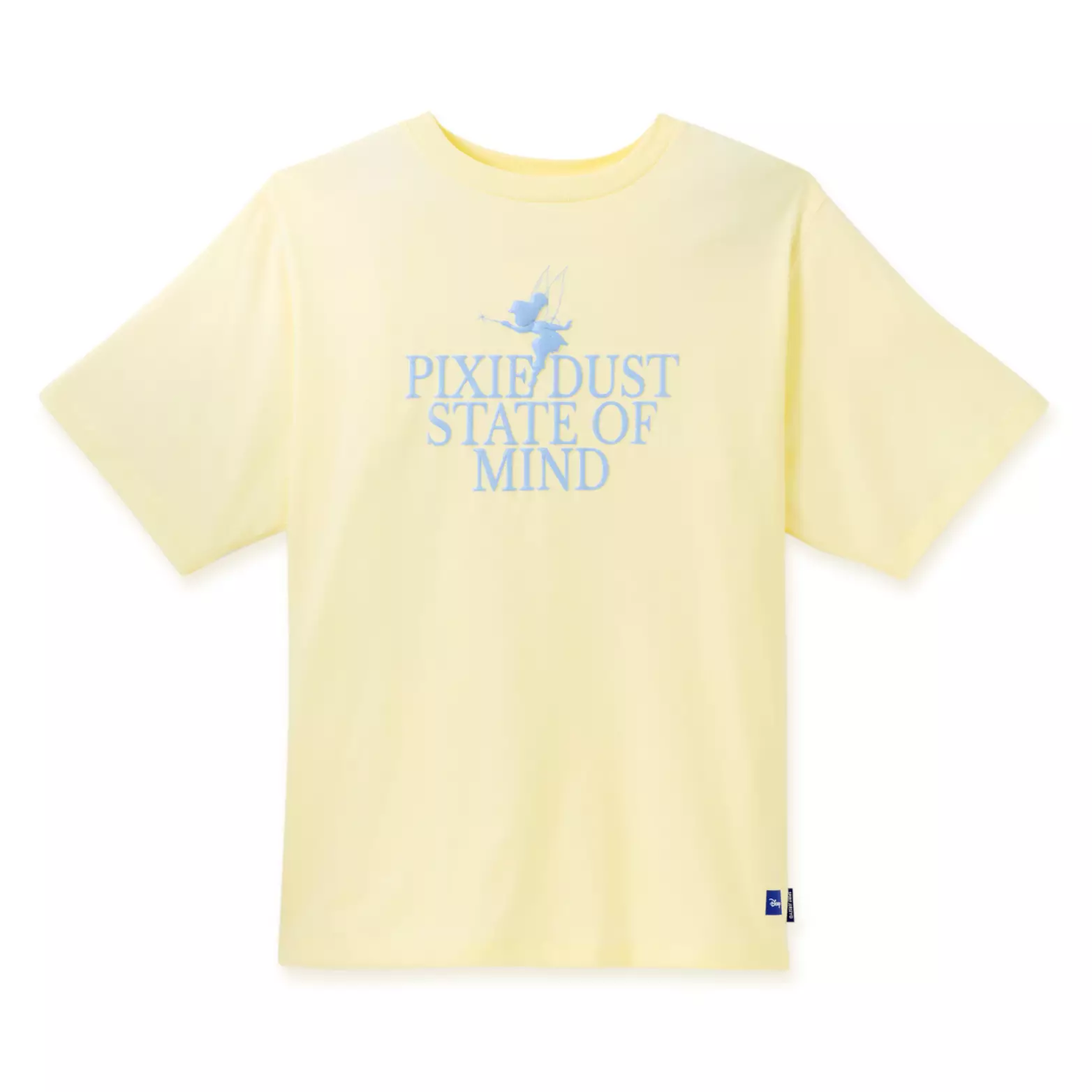 The last piece of pastel yellow apparel, this T-shirt has a light blue image of Tinker Bell on the front and the words "Pixie Dust State of Mind" in the same blue.