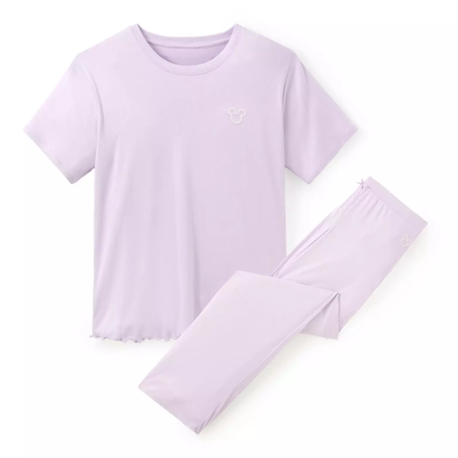 This two-piece set is the same as the one above but in a light lavender and with long pants instead of shorts.