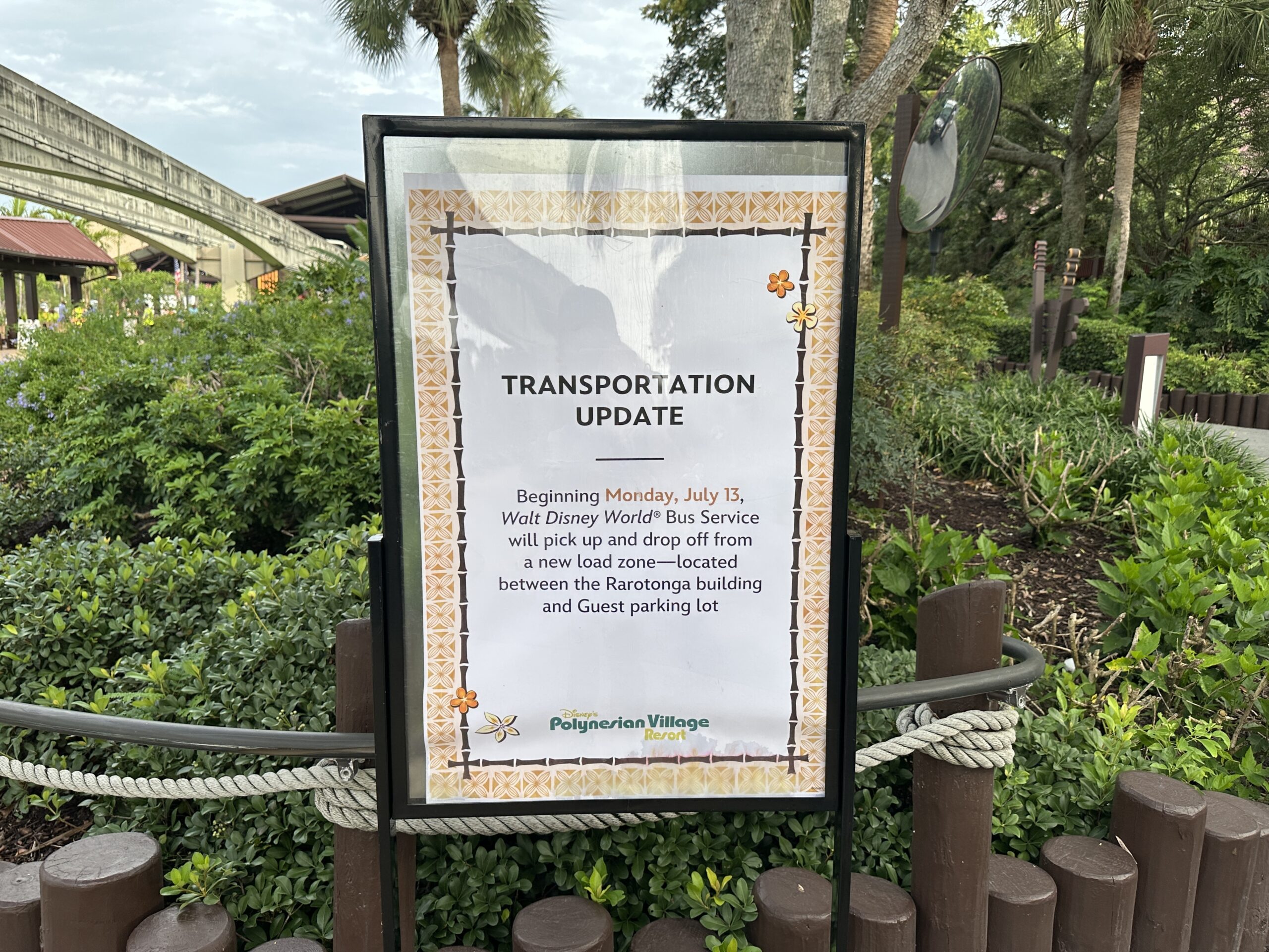 We spotted "transportation update" signs around the property as well, alerting guests that the bus stop is open. It is located between the Rarotonga building and the guest parking lot.