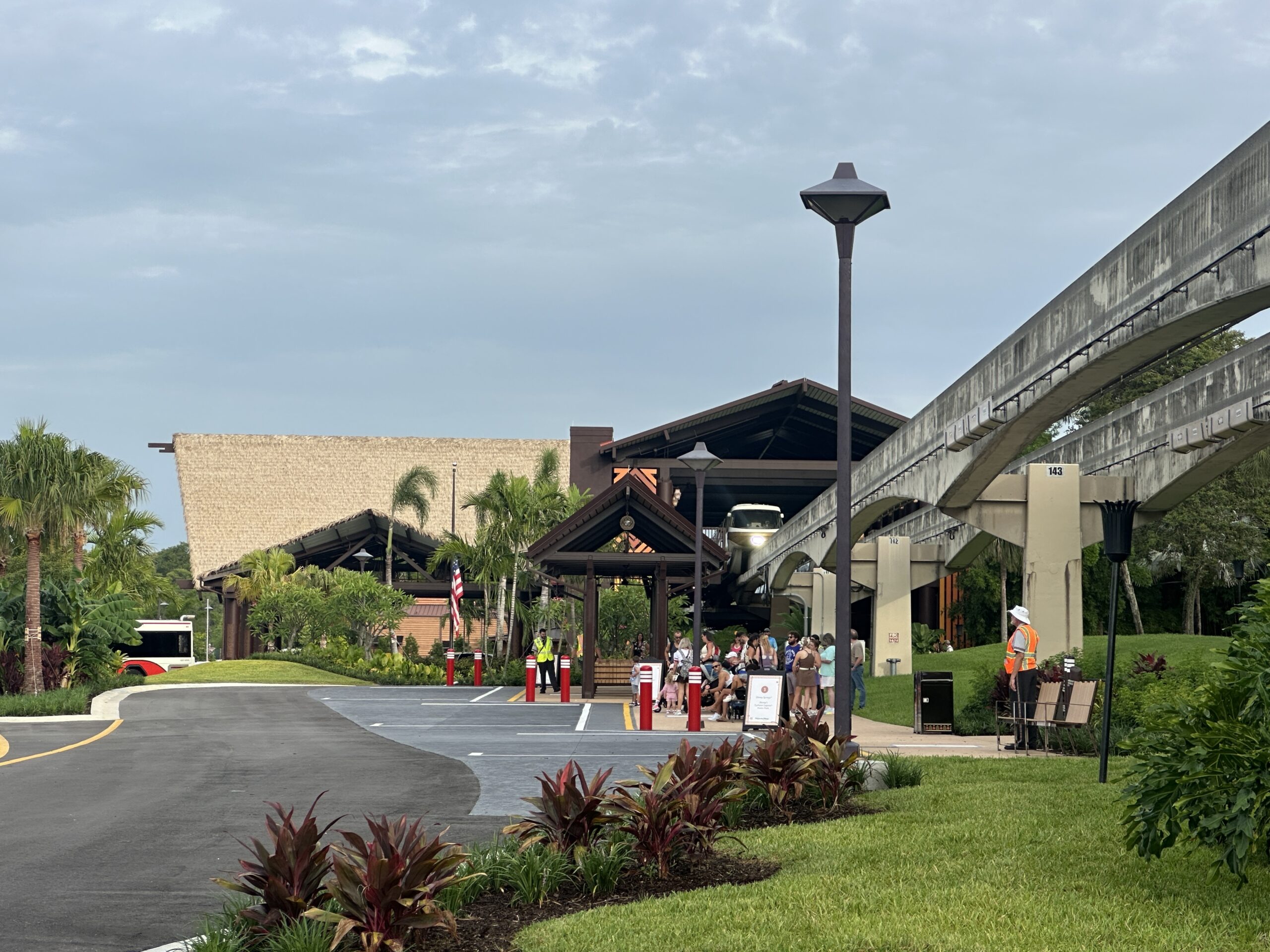 During our visit this morning, July 13, we saw that the bus stop was officially open for guests. Lots of guests were there waiting to head to the parks.